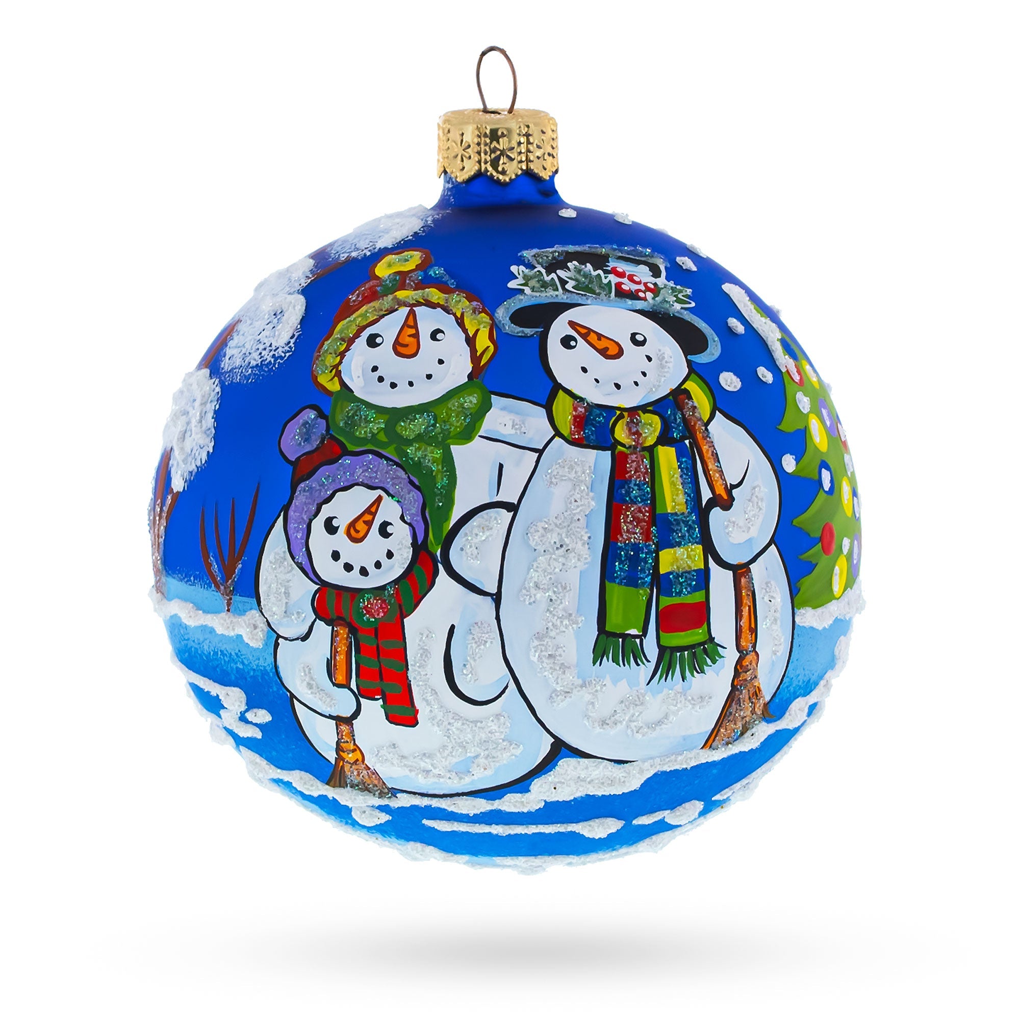 Frosty Bliss: Snowman Family, Husband, Wife, And Child - Blown Glass Ball Christmas Ornament 3.25 Inches