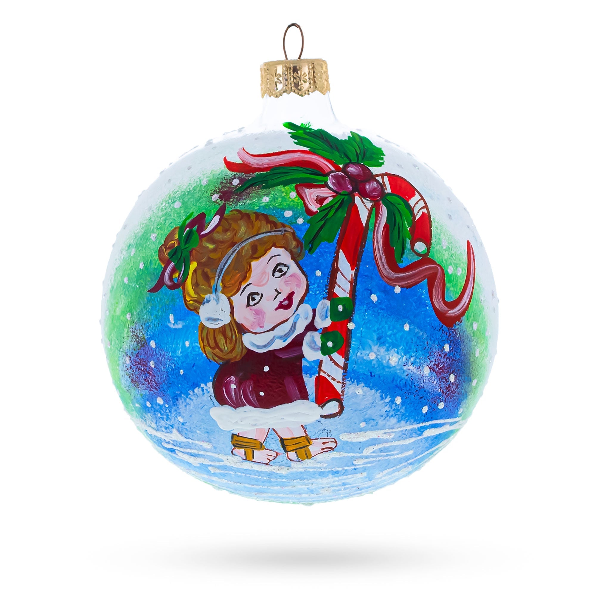 Sweet Holiday: Girl With Candy Cane - Blown Glass Ball Christmas Ornament 4 Inches