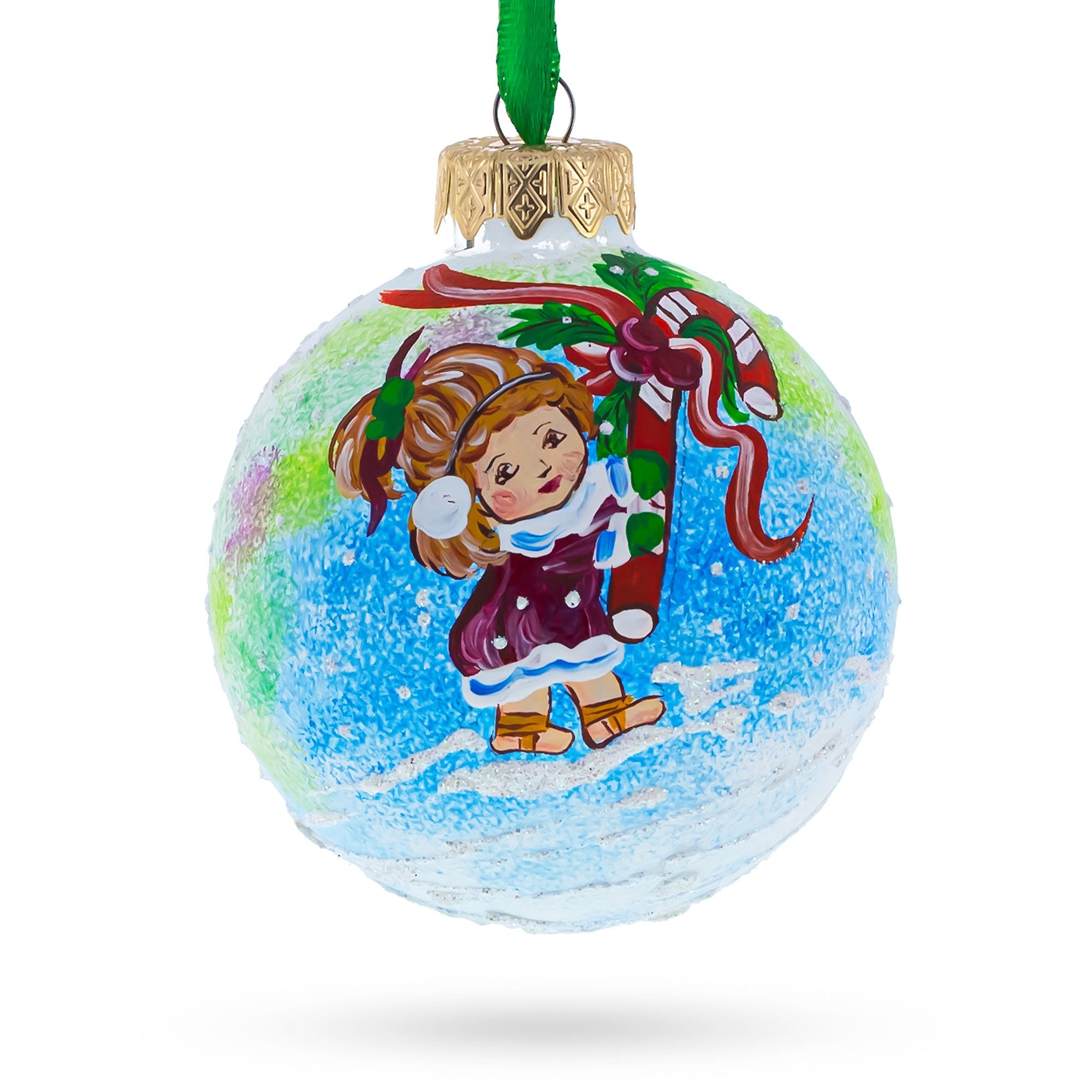 Sweet Holiday: Girl With Candy Cane - Blown Glass Ball Christmas Ornament  3.25 Inches