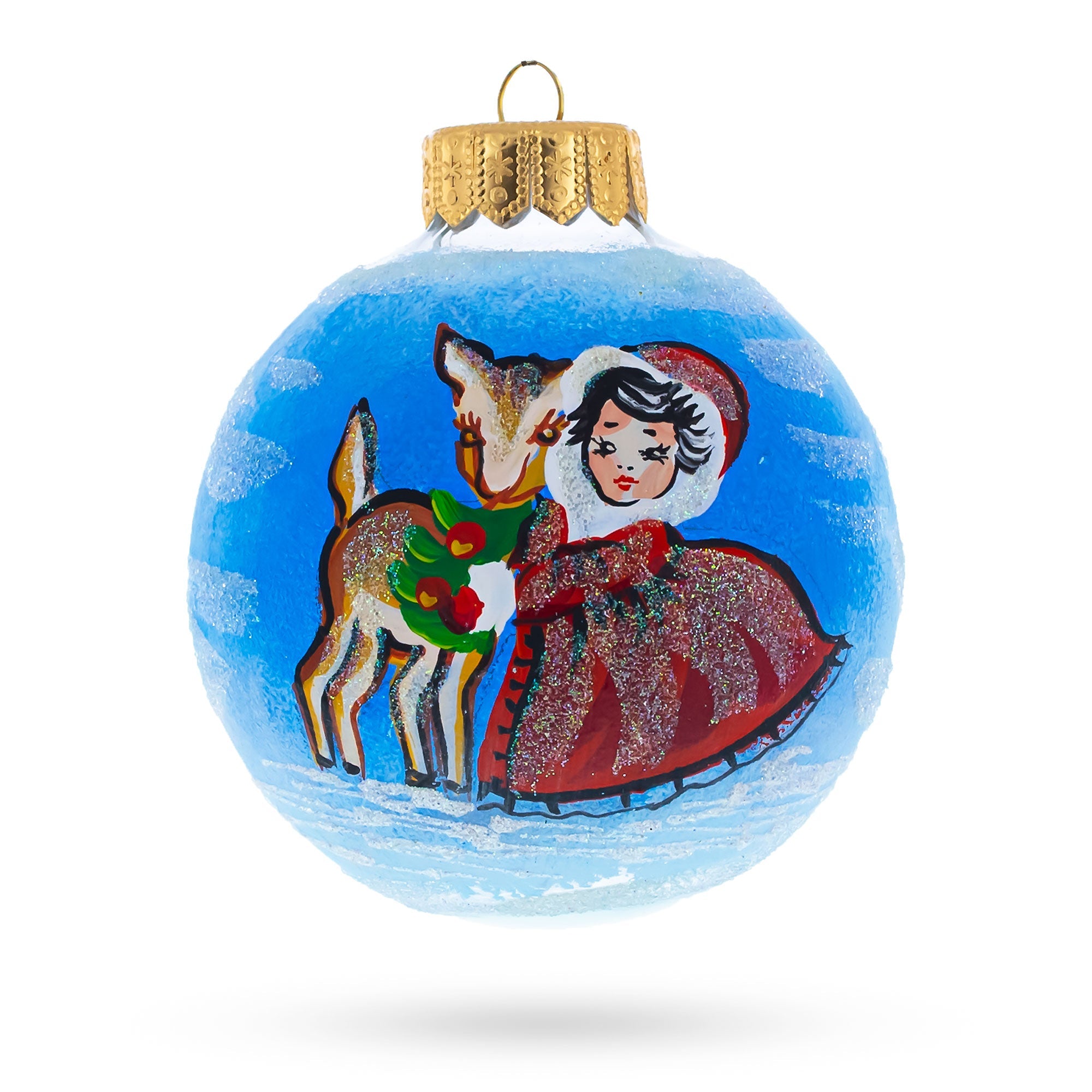 Enchanting Forest: Little Red Hood With The Deer - Blown Glass Ball Christmas Ornament 4 Inches