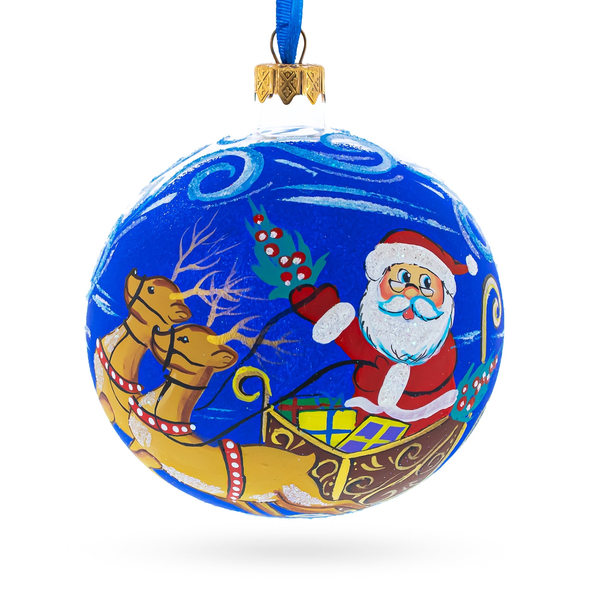 Jolly Santa Riding Sleigh With Reindeer Blown Glass Ball Christmas Ornament 4 Inches