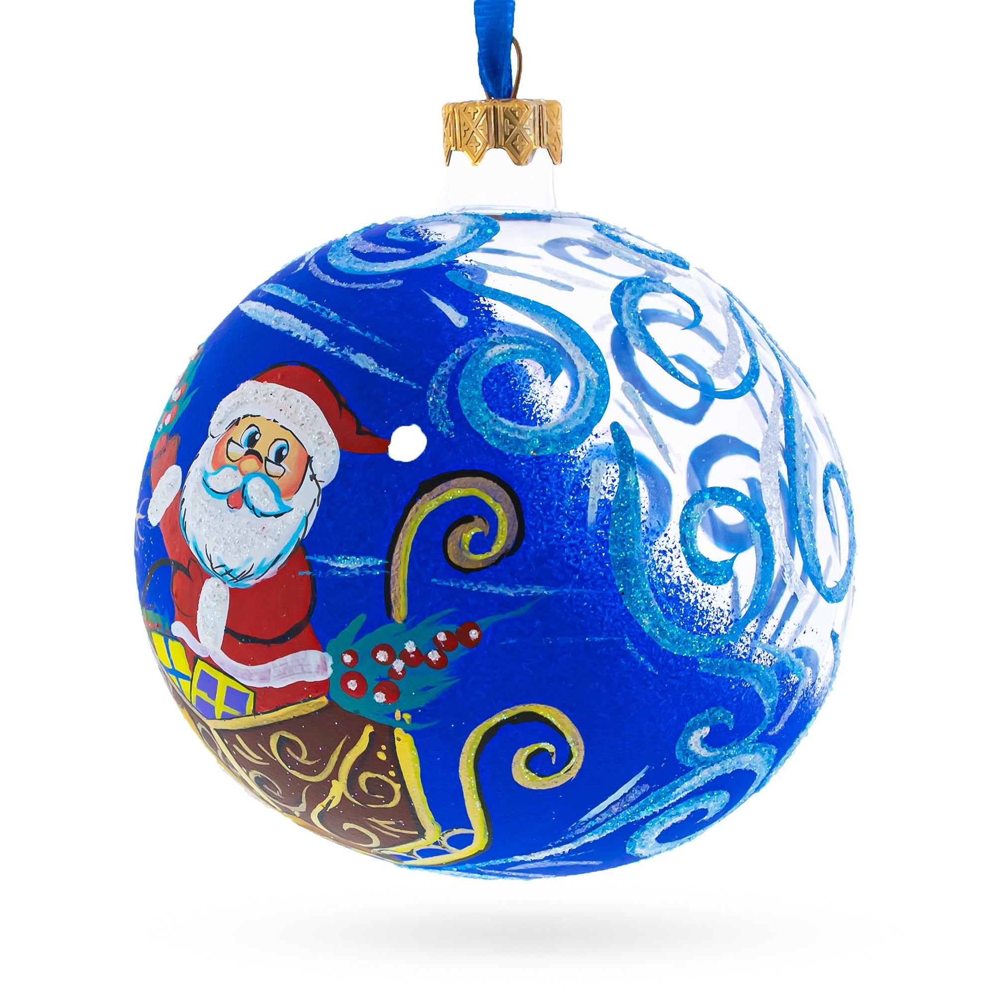 Jolly Santa Riding Sleigh With Reindeer Blown Glass Ball Christmas Ornament 4 Inches