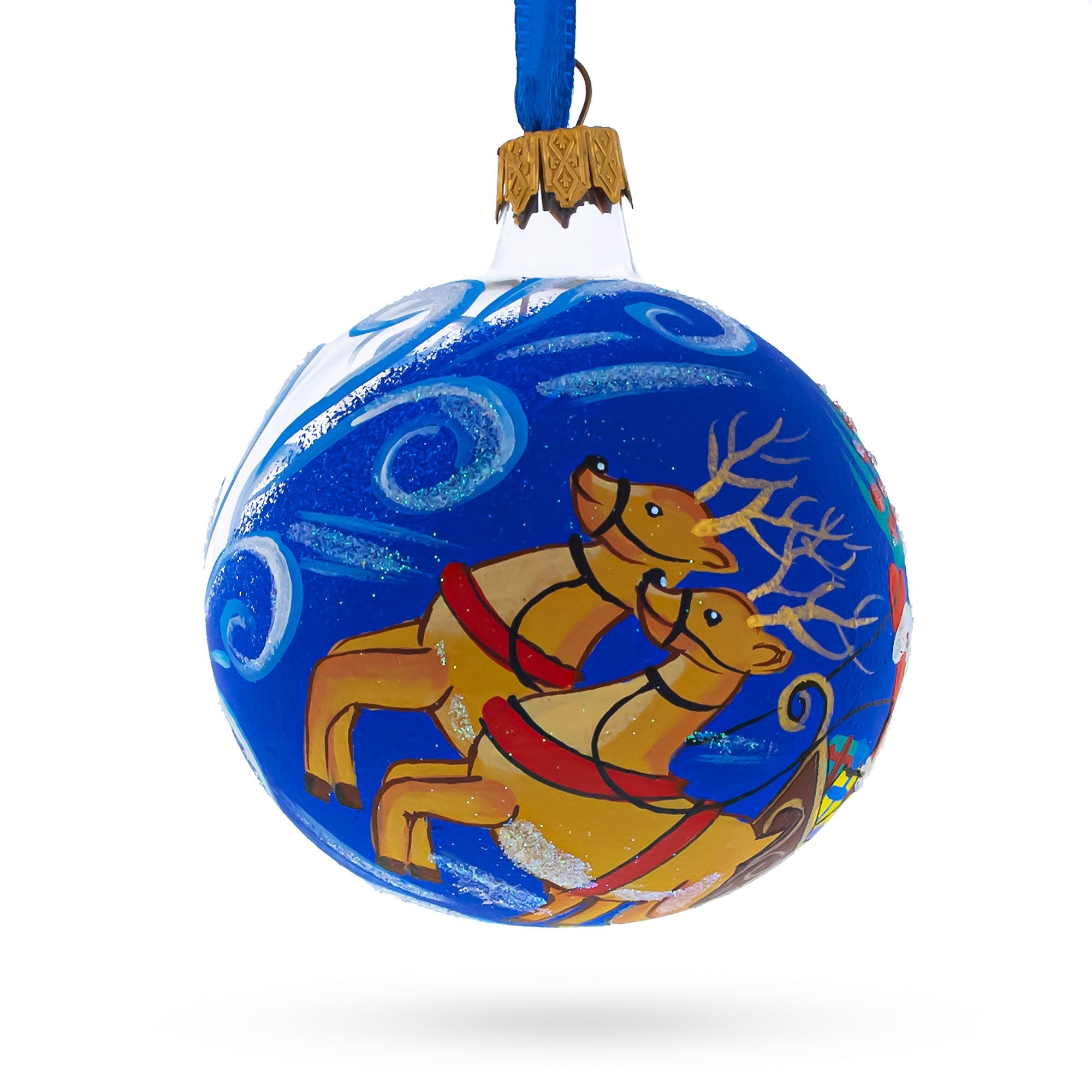 Jolly Santa Riding Sleigh With Reindeer Blown Glass Ball Christmas Ornament 3.25 Inches