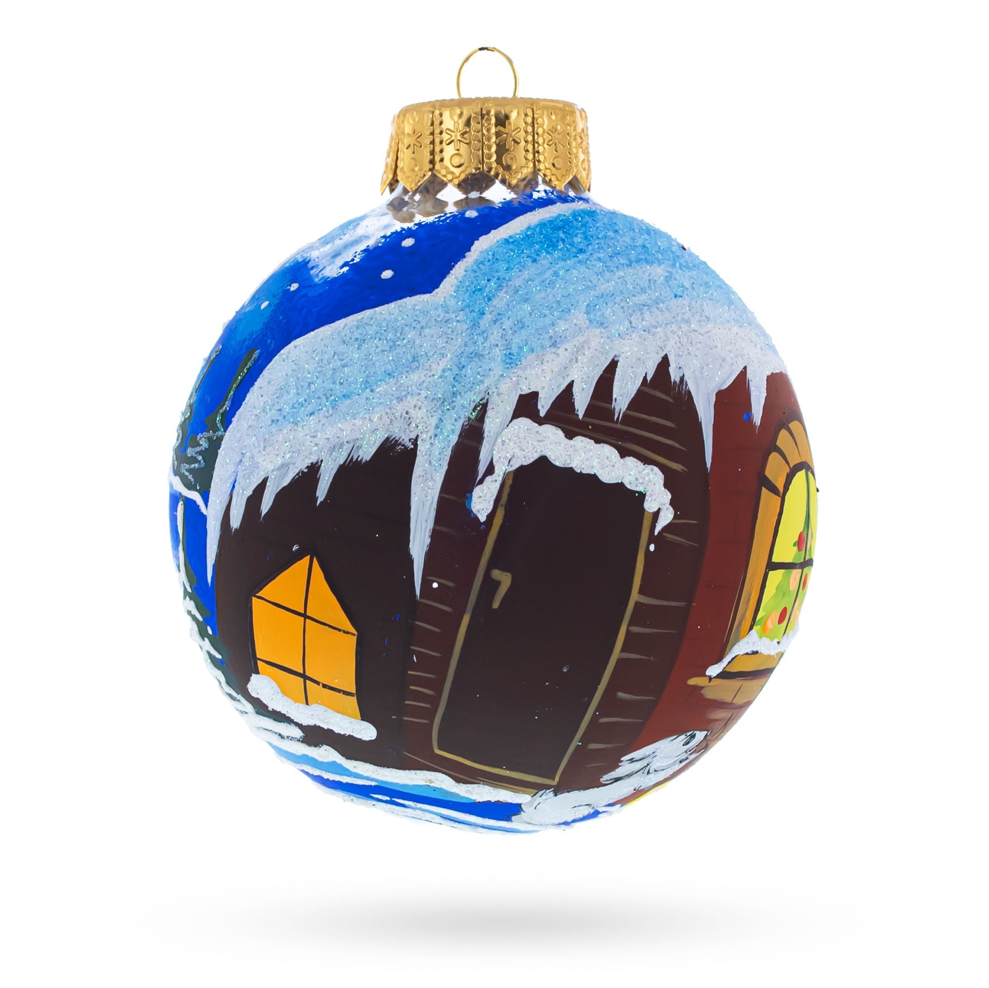 Santa's Enchanting Christmas Night With Reindeer And Gifts - Blown Glass Ball Christmas Ornament 4 Inches