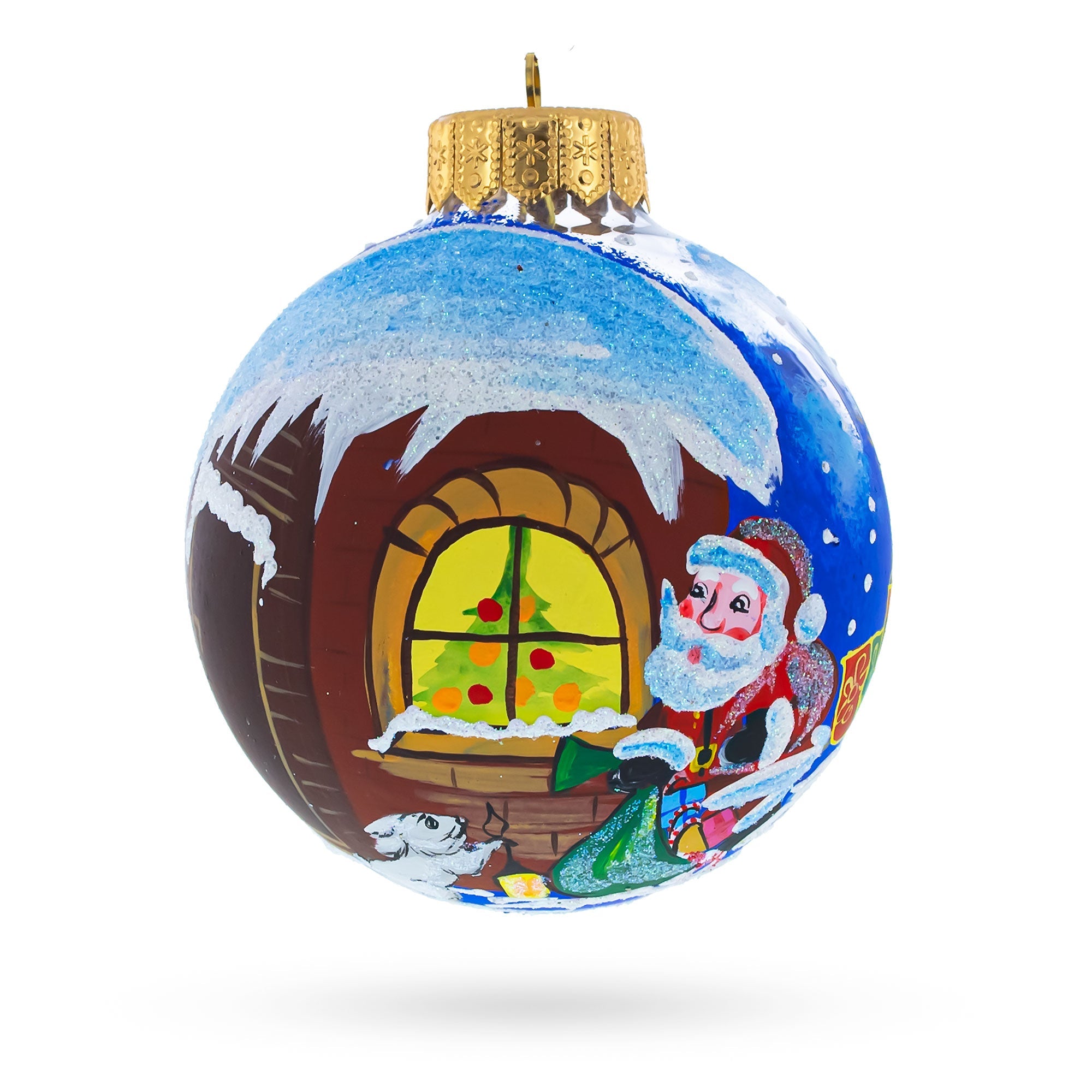 Santa's Enchanting Christmas Night With Reindeer And Gifts - Blown Glass Ball Christmas Ornament 4 Inches