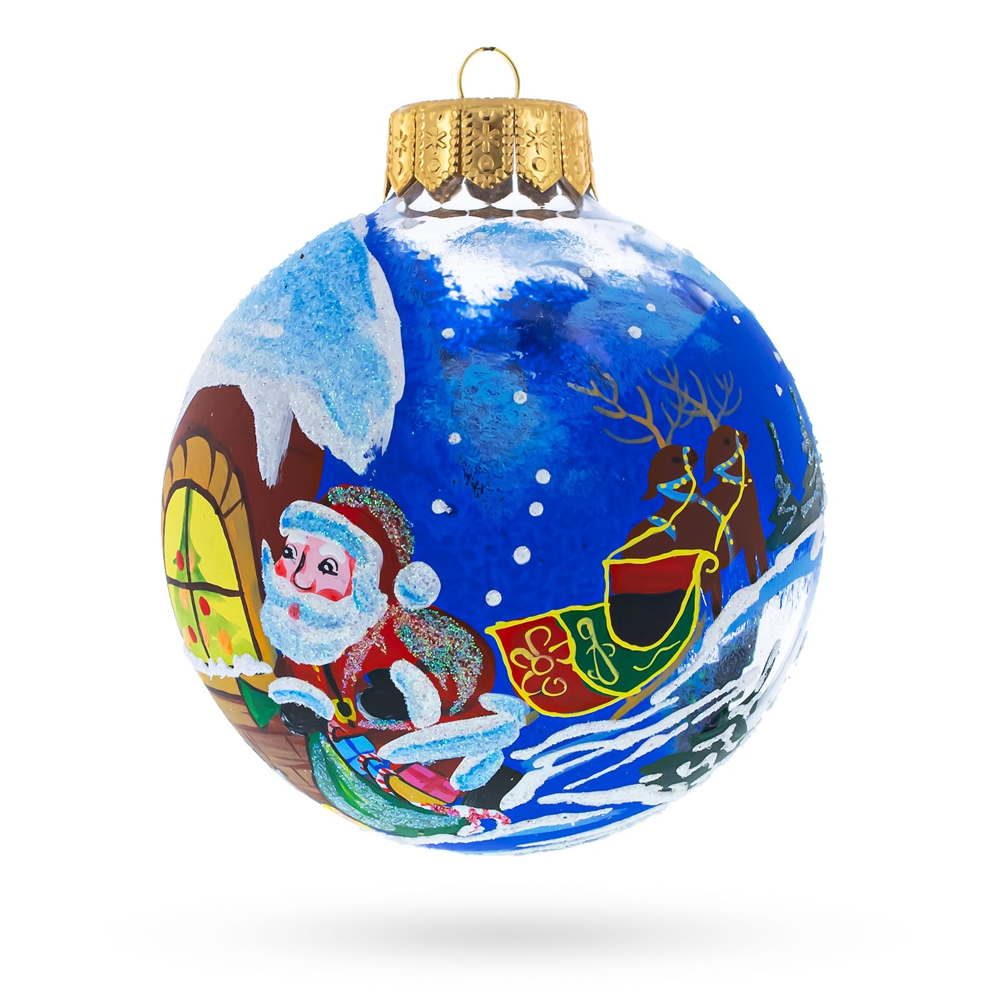 Santa's Enchanting Christmas Night With Reindeer And Gifts - Blown Glass Ball Christmas Ornament 4 Inches