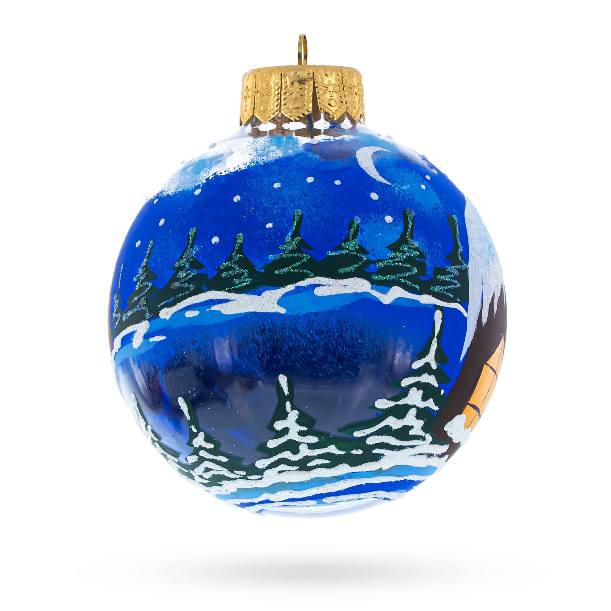 Santa's Enchanting Christmas Night With Reindeer And Gifts - Blown Glass Ball Christmas Ornament 3.25 Inches