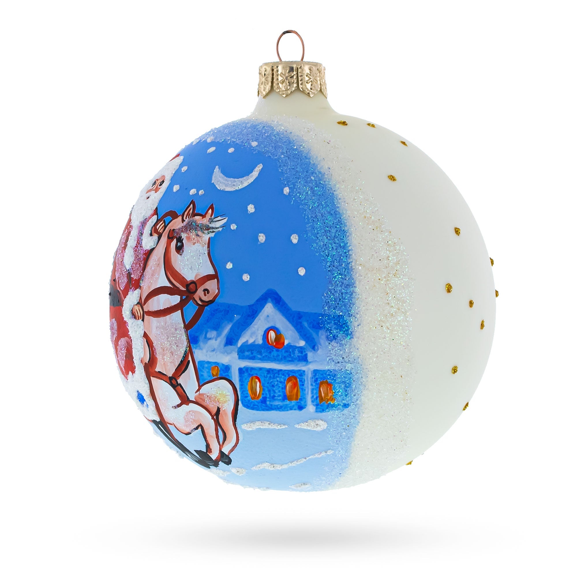 Santa Riding Horse Laden With Gifts Blown Glass Ball Christmas Ornament 4 Inches