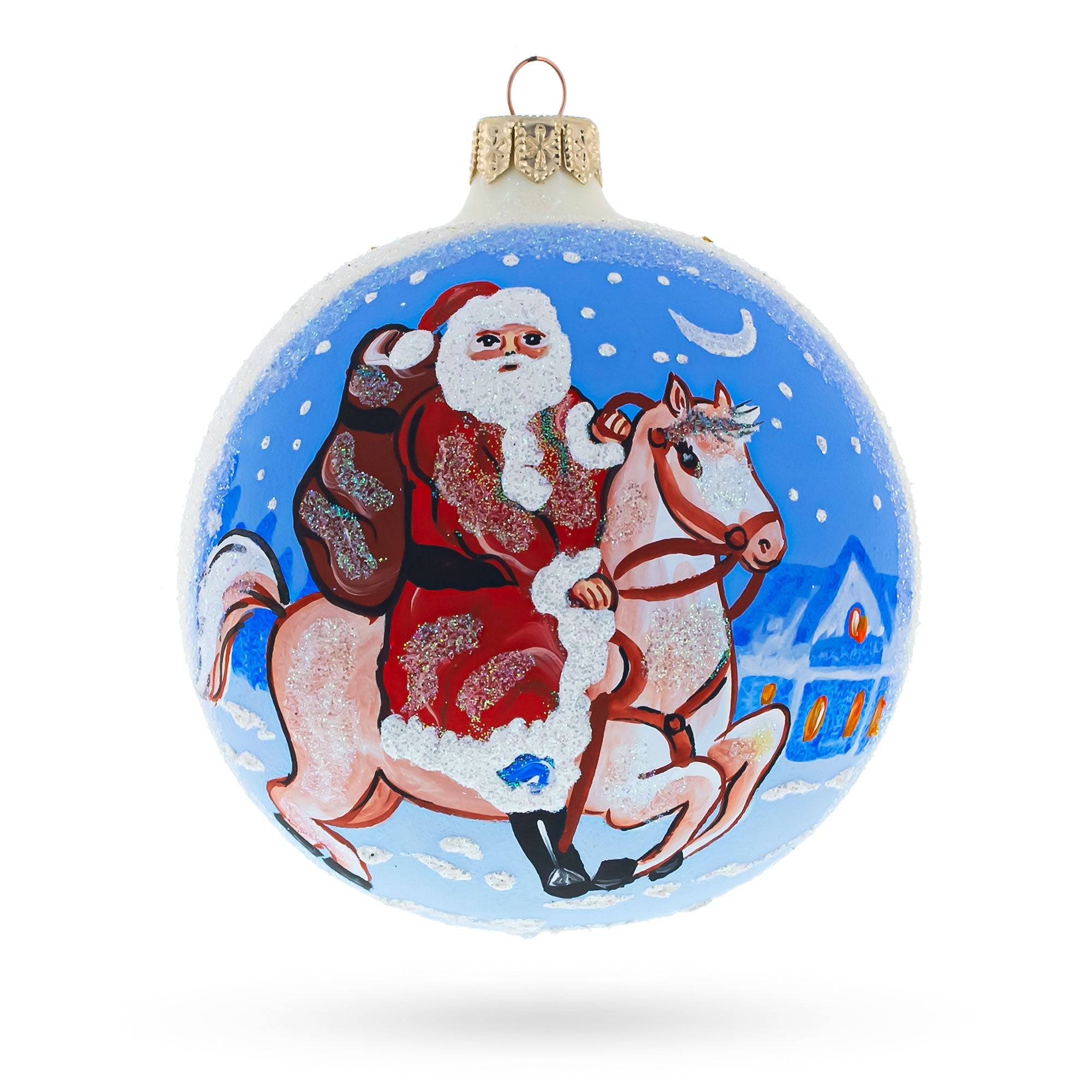 Santa Riding Horse Laden With Gifts Blown Glass Ball Christmas Ornament 4 Inches