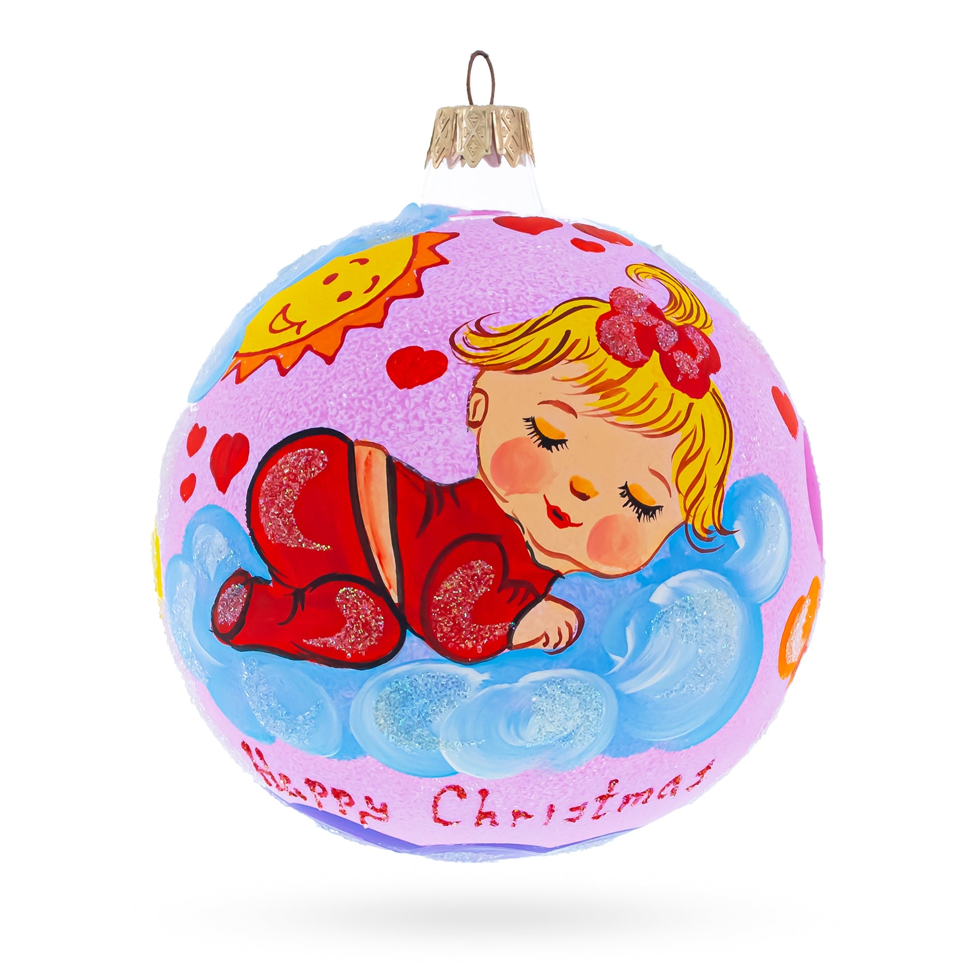 Angel-faced Girl Slumbering On Fluffy Clouds Blown Glass Ball Baby's First Christmas Ornament 4 Inches