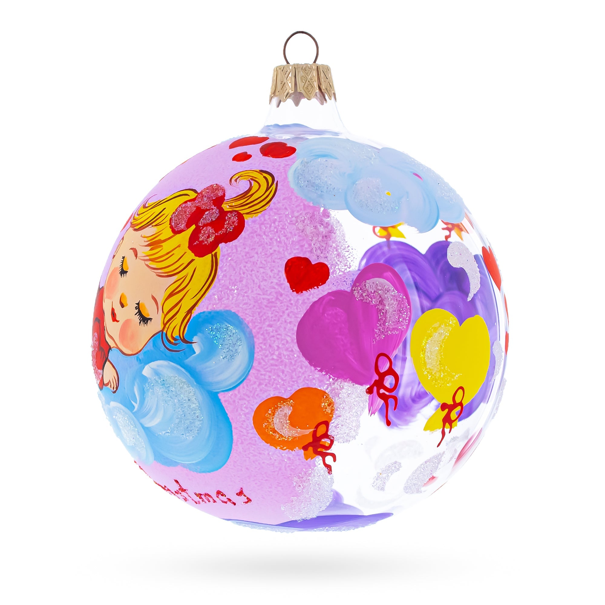 Angel-faced Girl Slumbering On Fluffy Clouds Blown Glass Ball Baby's First Christmas Ornament 4 Inches