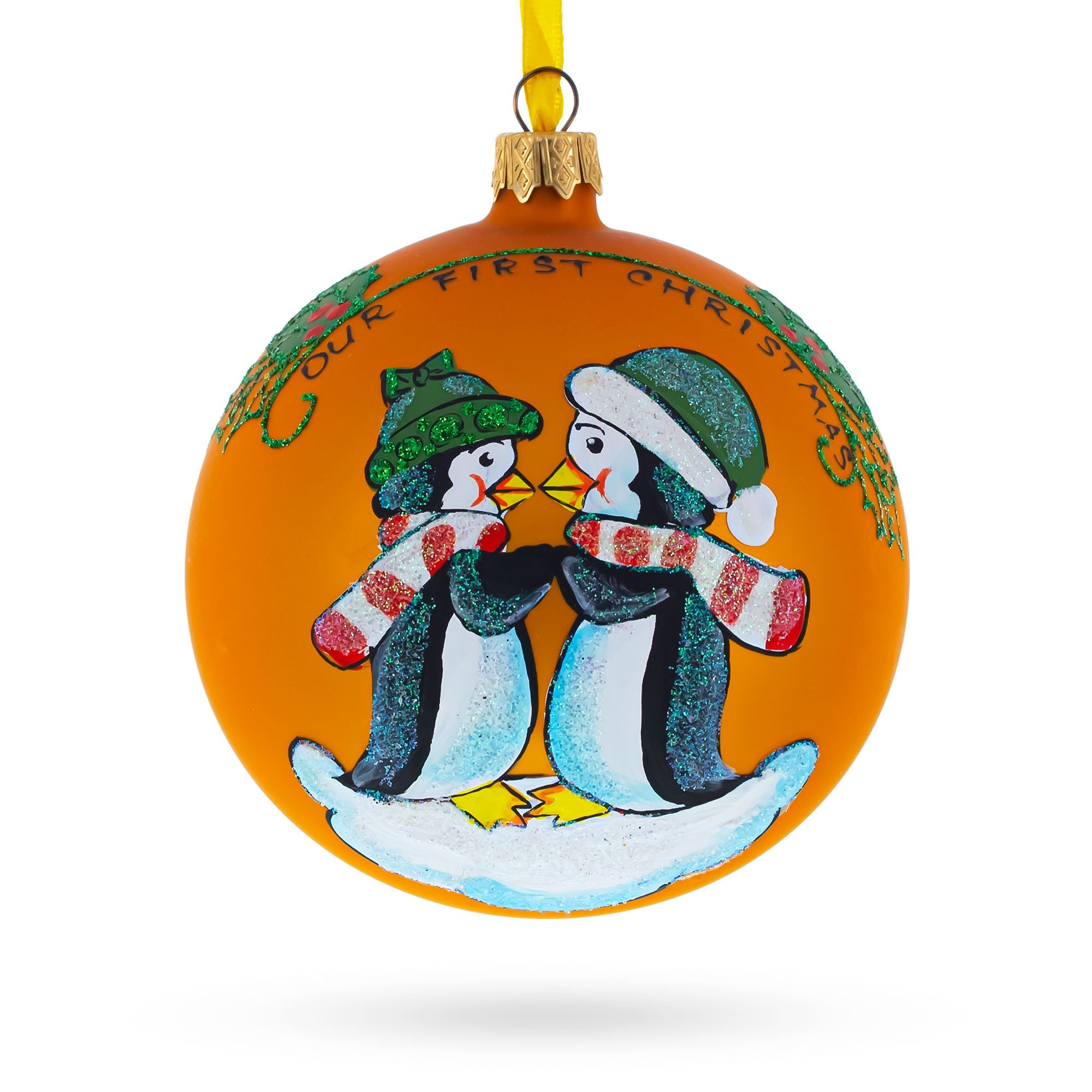 Charming Penguin Couple Blown Glass Ball 'our First Christmas' Ornament 4 Inches