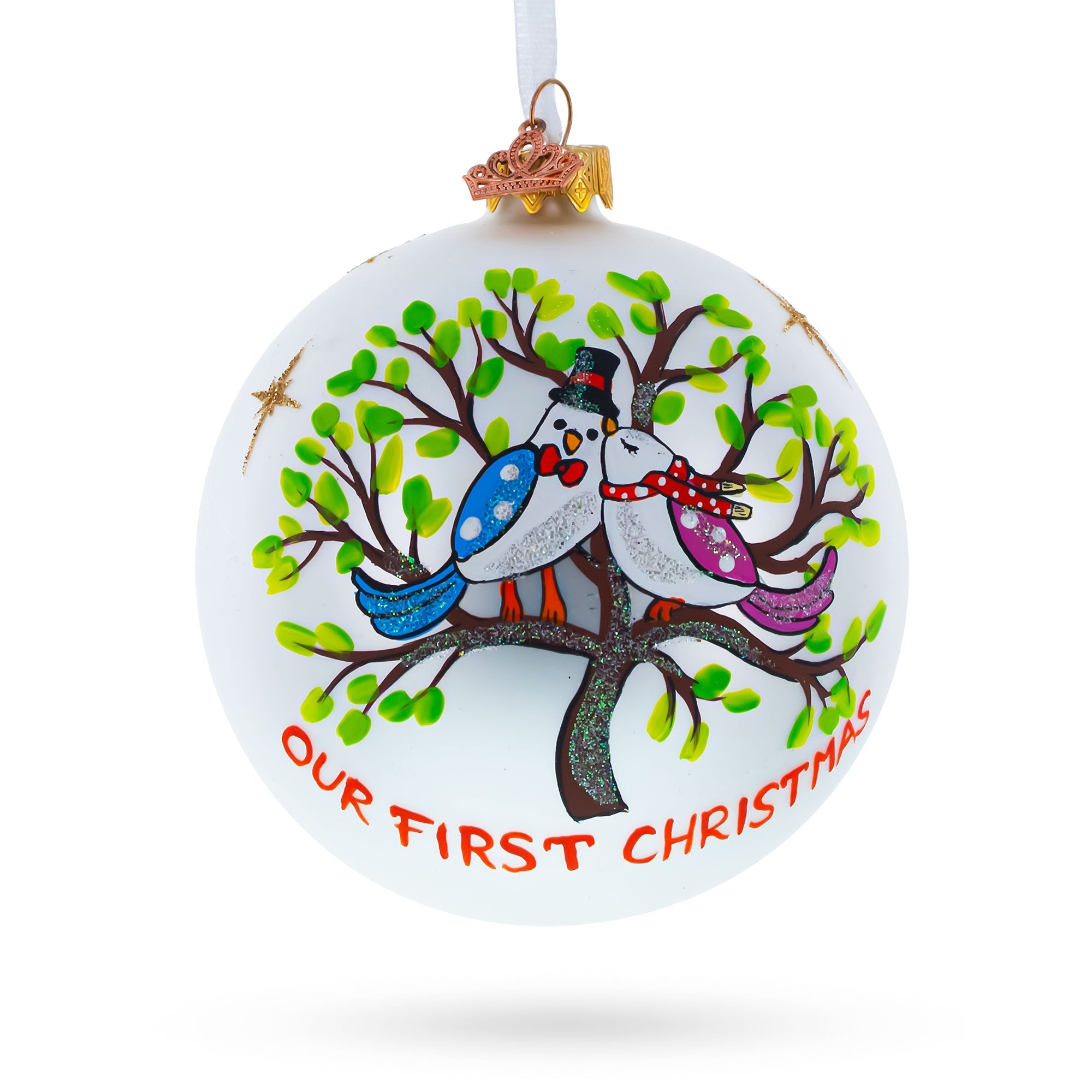 Lovebirds Perched On A Tree Blown Glass Ball 'our First Christmas' Ornament 4 Inches