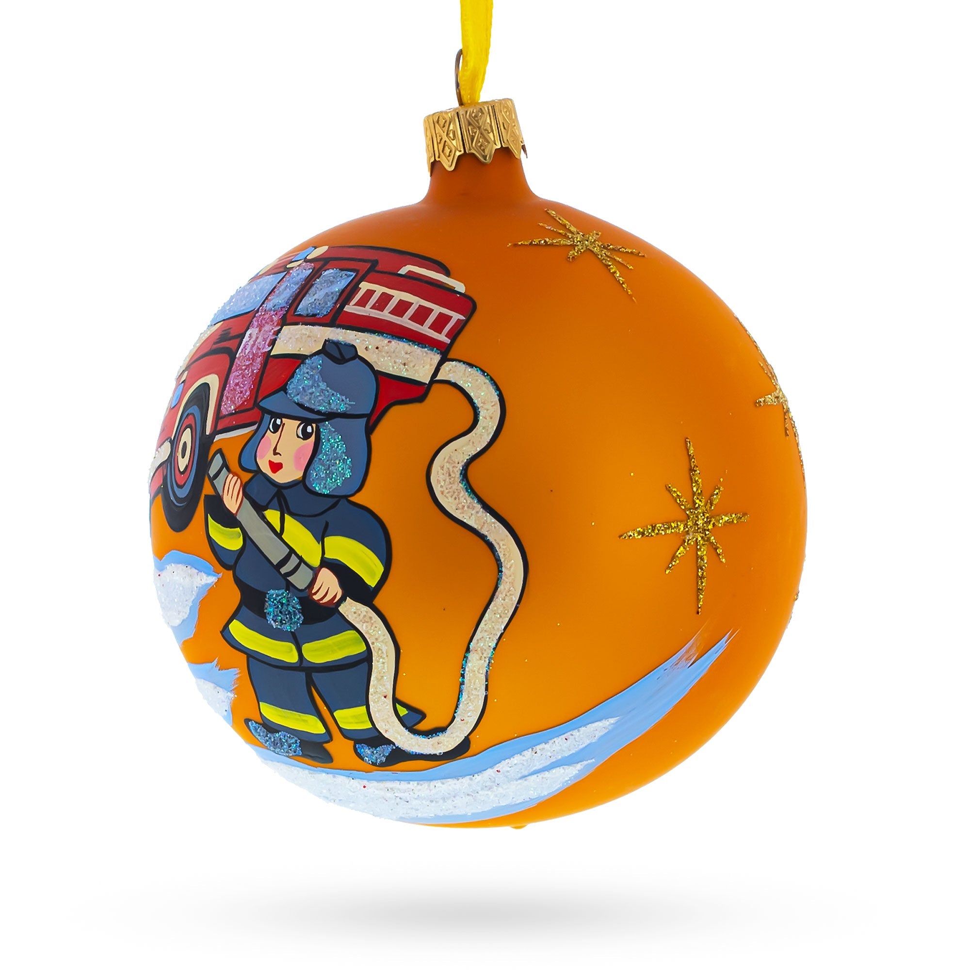 Brave Little Fireman: Hand-painted Blown Glass Ball Christmas Ornament 4 Inches