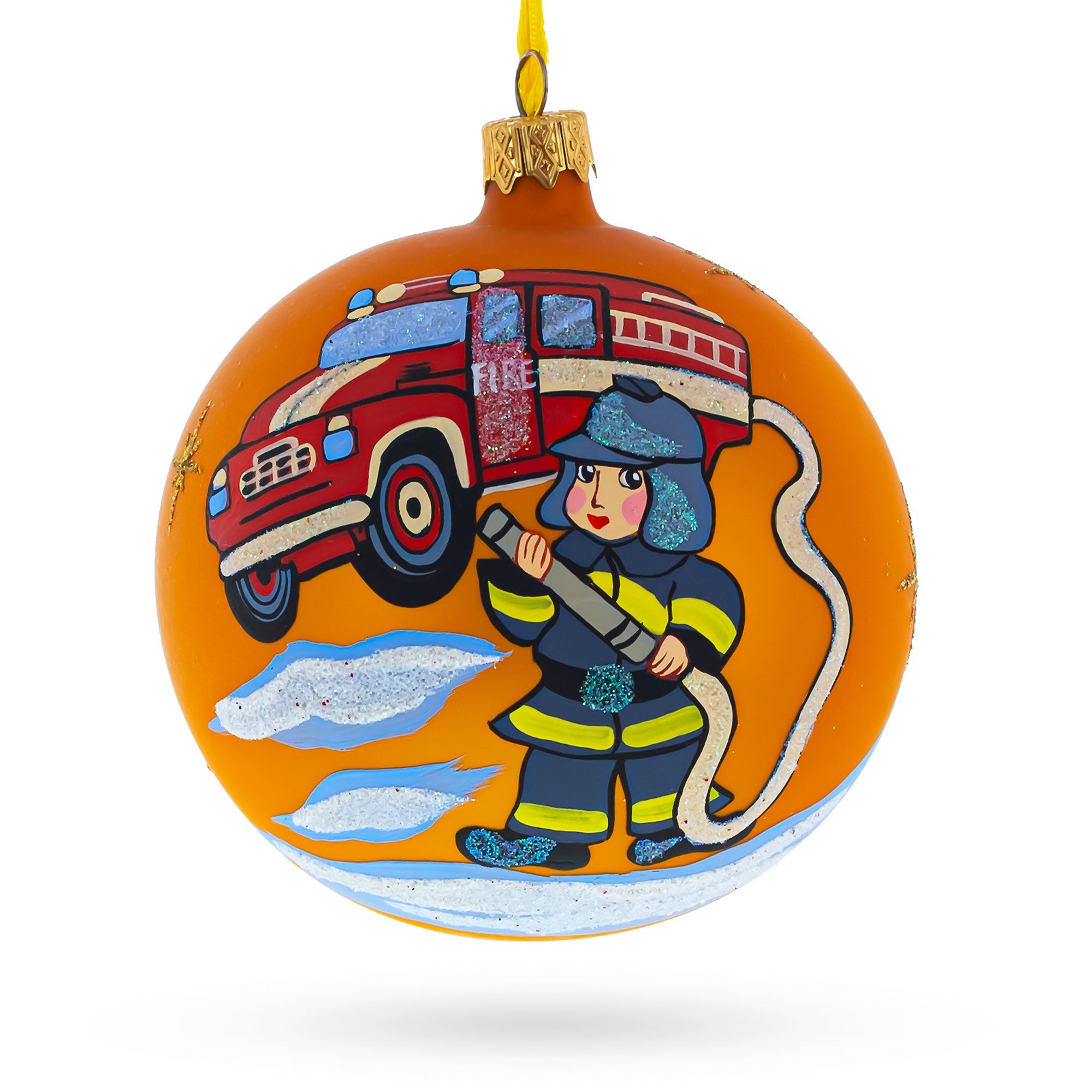 Brave Little Fireman: Hand-painted Blown Glass Ball Christmas Ornament 4 Inches