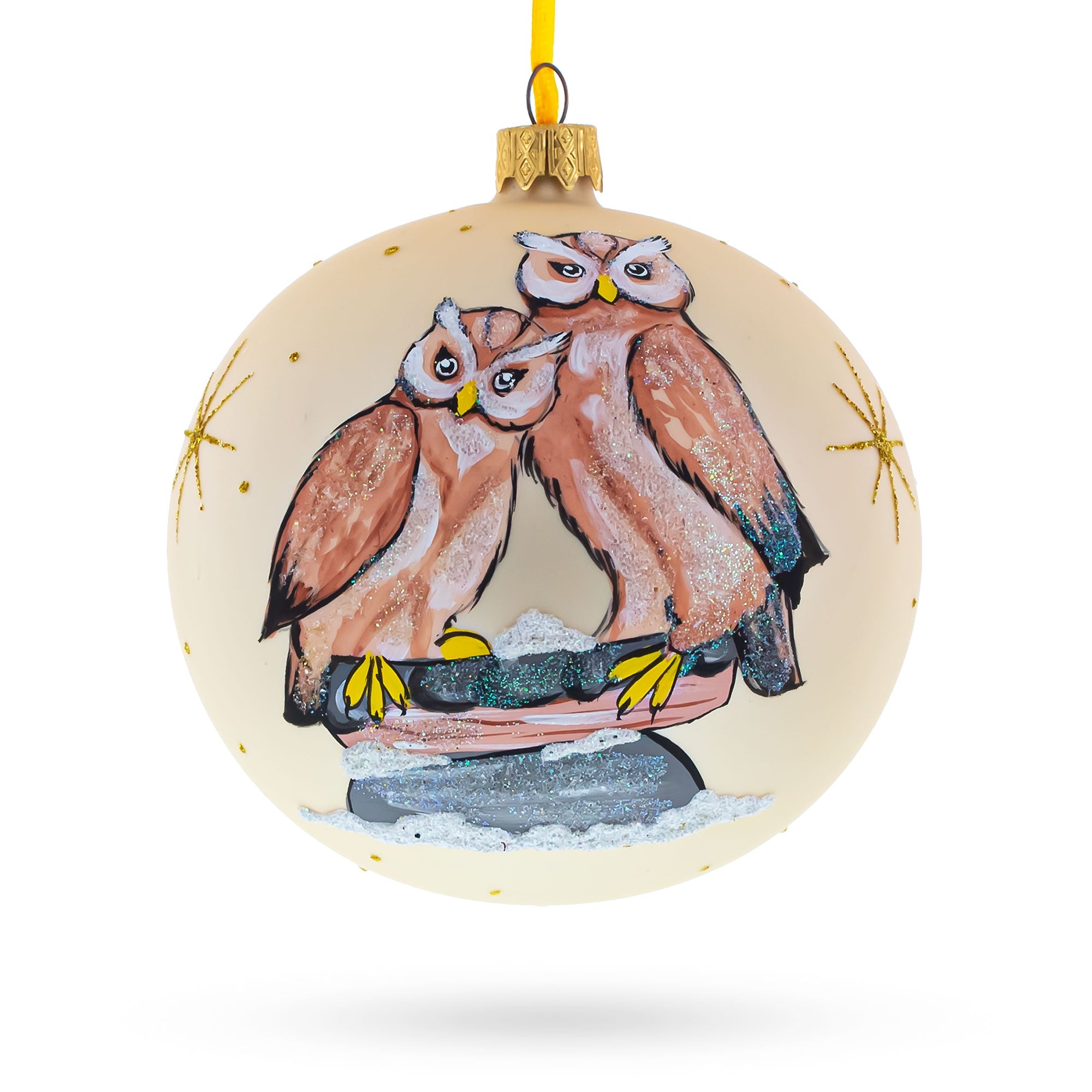 Enchanting Twilight Duo: Two Owls Perched In Moonlight Blown Glass Ball Christmas Ornament 4 Inches