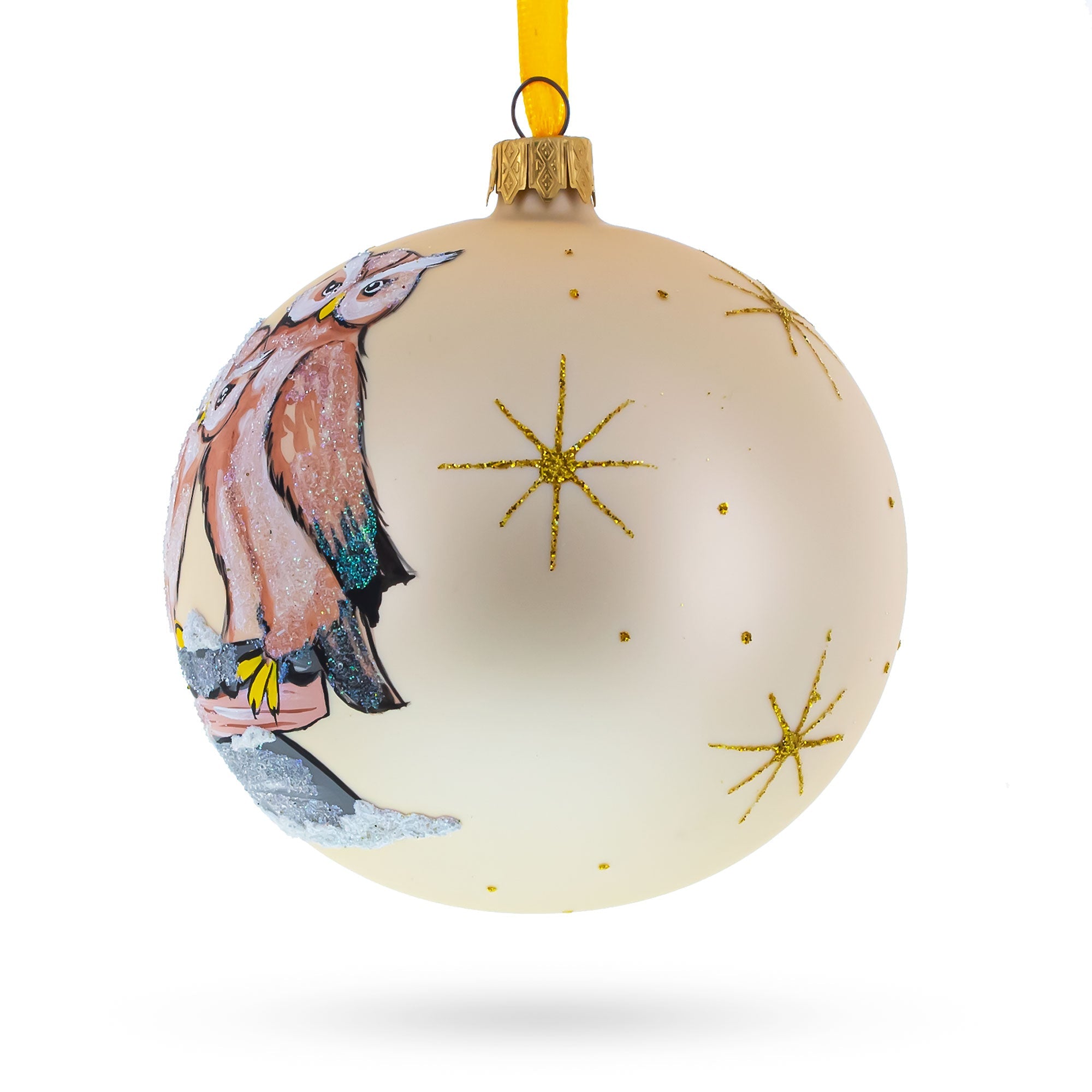 Enchanting Twilight Duo: Two Owls Perched In Moonlight Blown Glass Ball Christmas Ornament 4 Inches