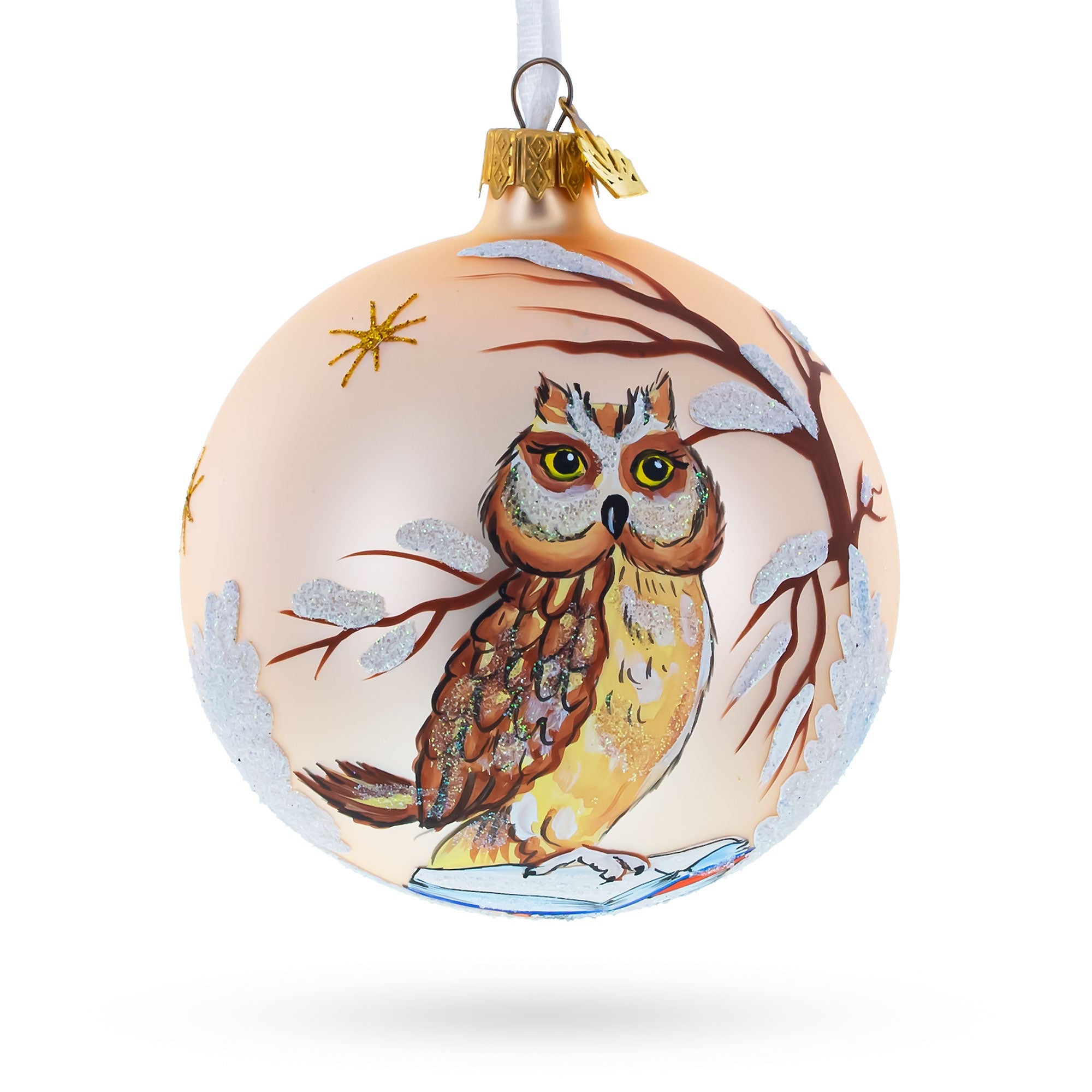 Moonlit Majesty: Owl In Snowy Winter Landscape Blown Glass Ball Christmas Ornament 4 Inches