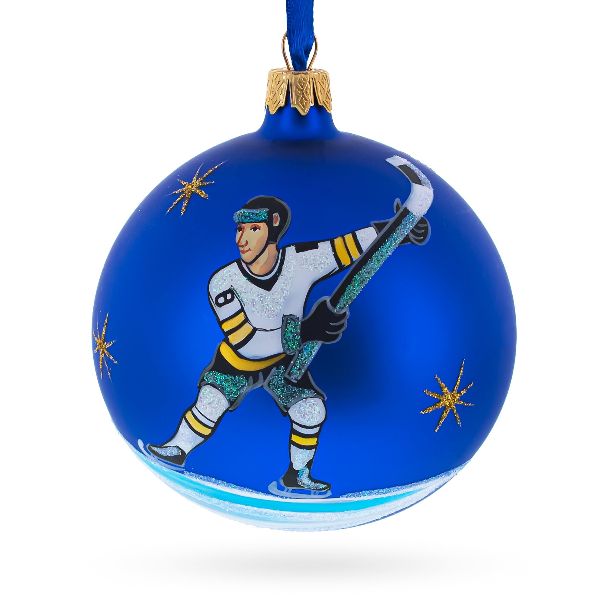 Ice Rink Warrior: Hockey Player In Action On Blue Blown Glass Ball Christmas Sports Ornament 4 Inches