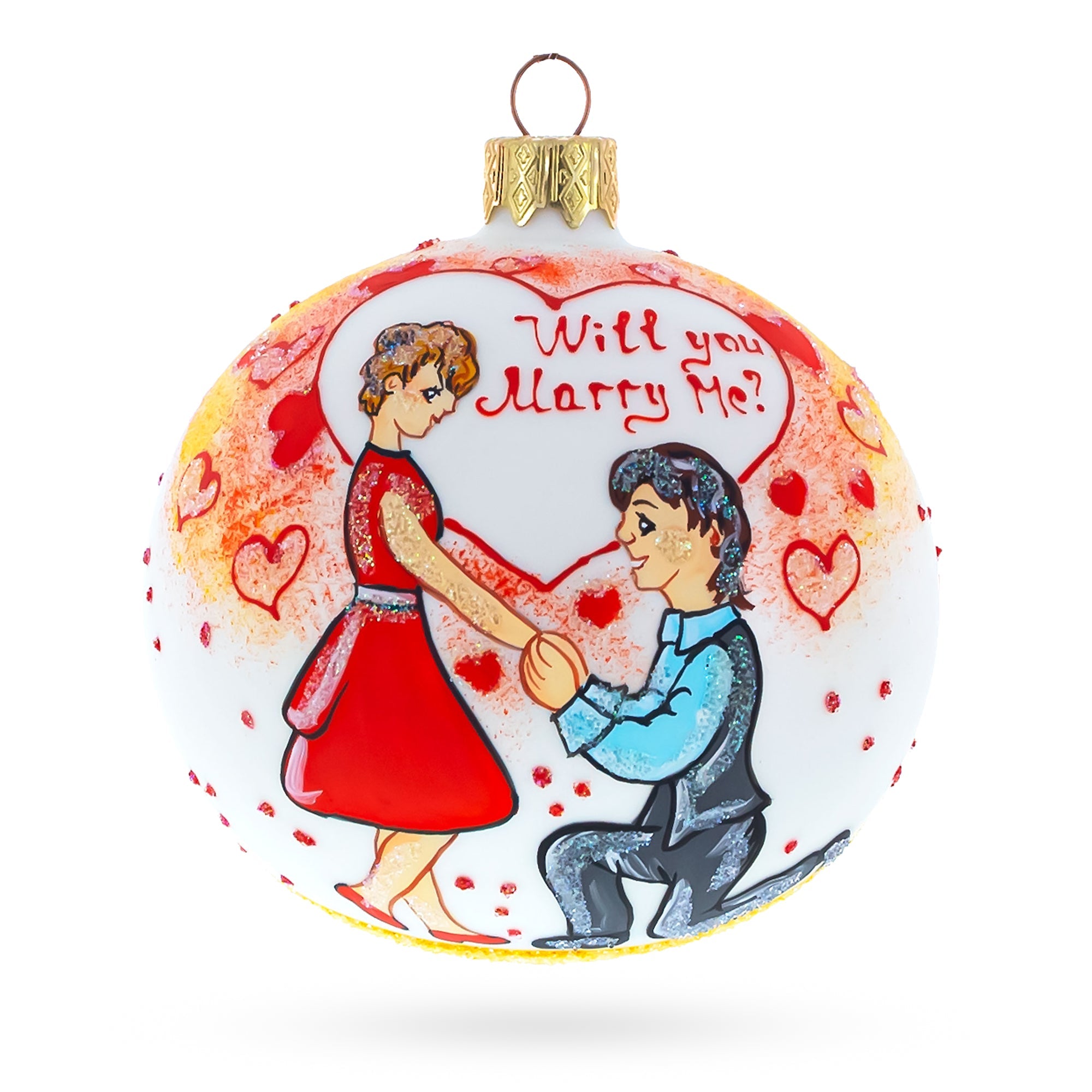 Romantic Proposal: 'will You Marry Me?' Blown Glass Ball Christmas Ornament 4 Inches