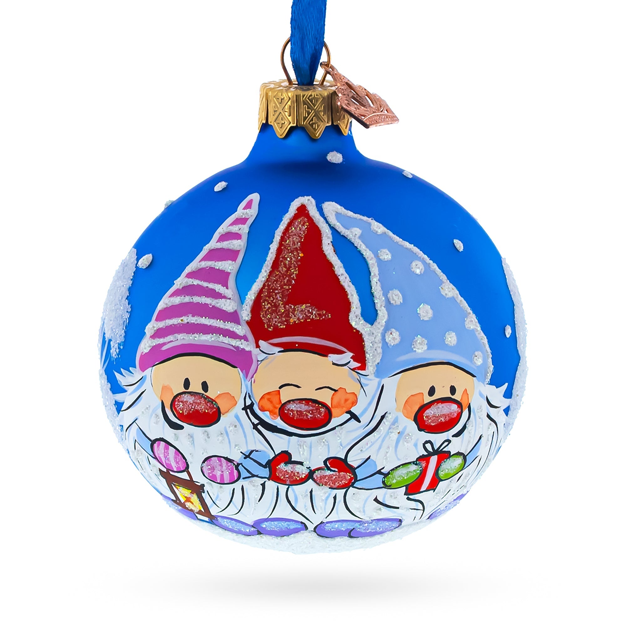 Joyful Trio Of Gnomes Blown Glass Ball Christmas Ornament 3.25 Inches