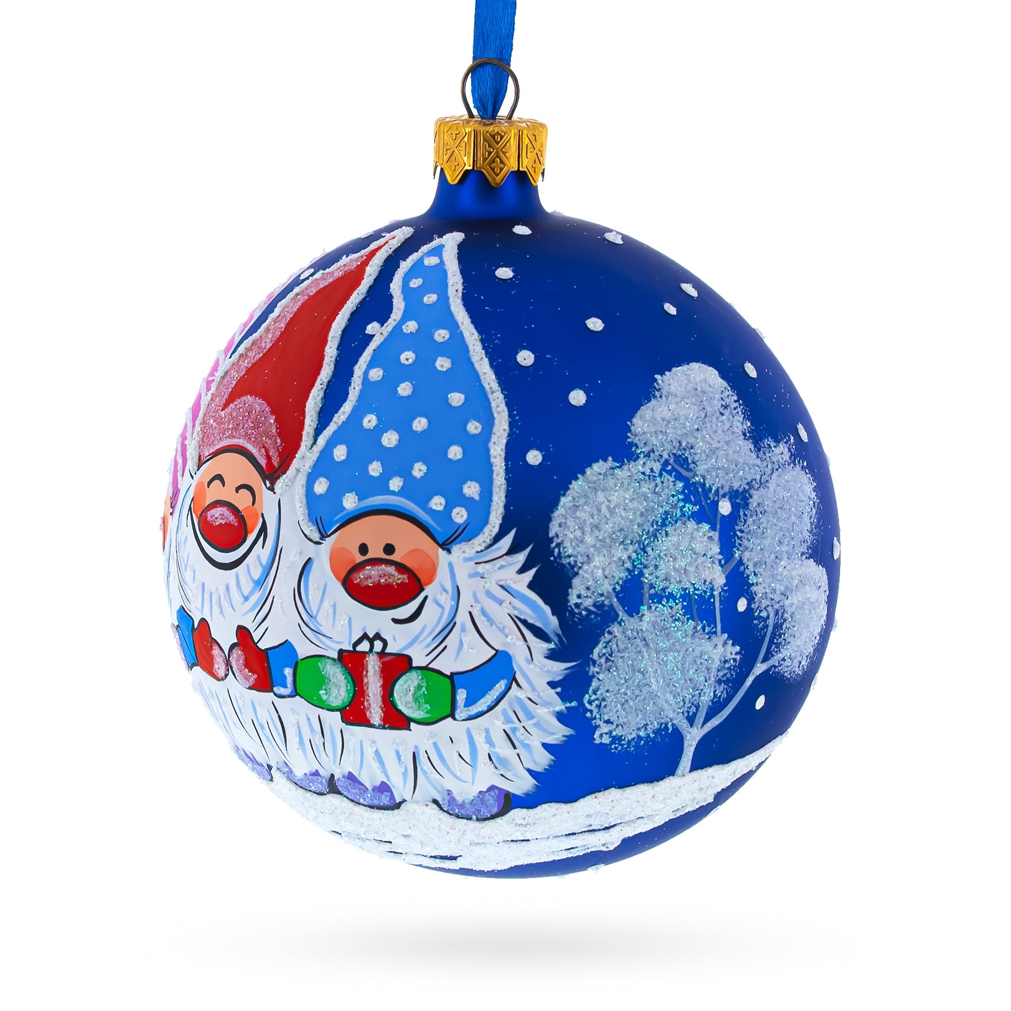 Joyful Trio Of Gnomes Blown Glass Ball Christmas Ornament 4 Inches