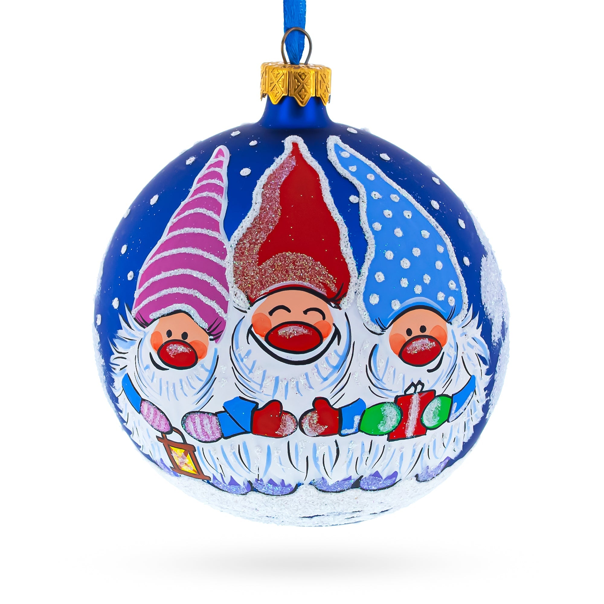 Joyful Trio Of Gnomes Blown Glass Ball Christmas Ornament 4 Inches