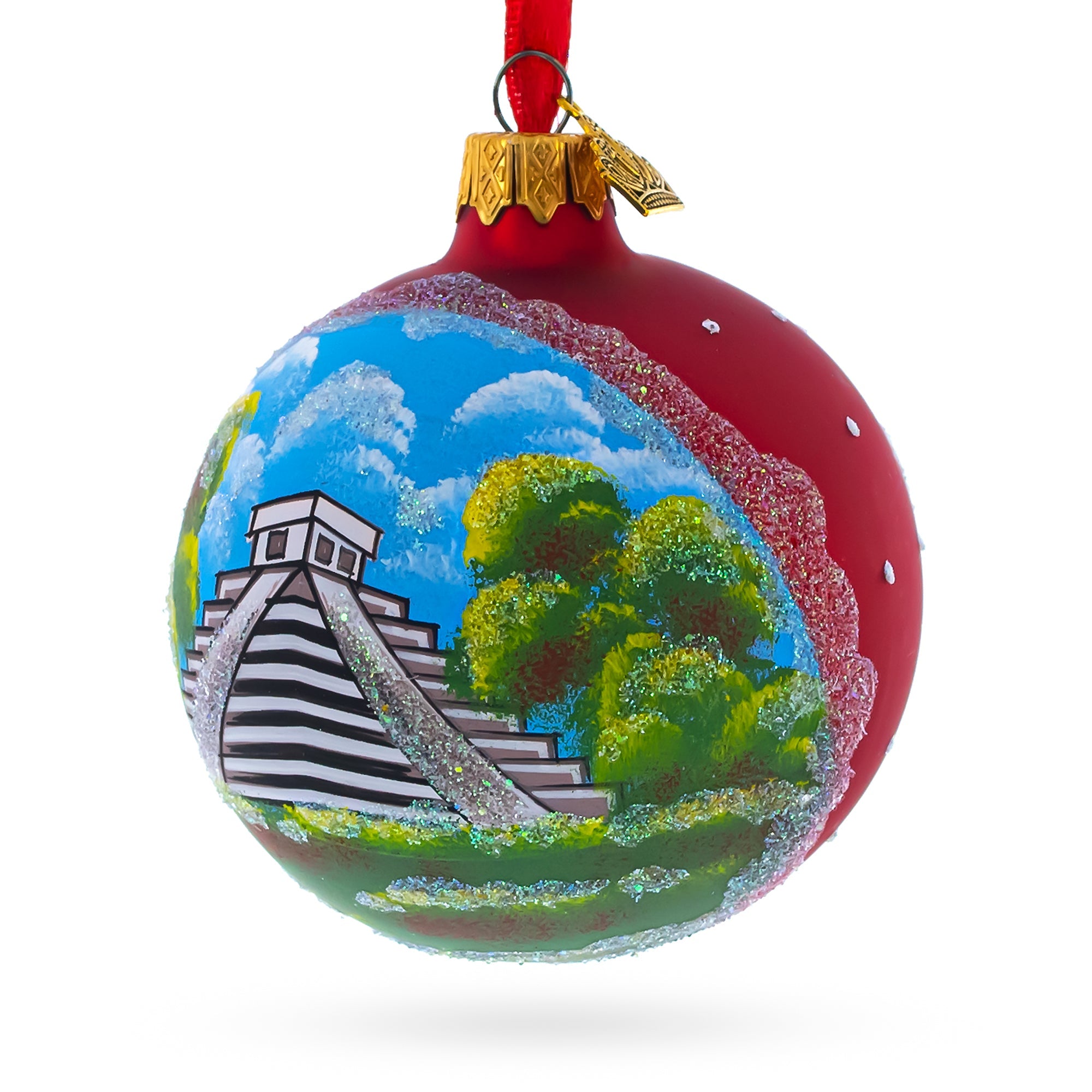 Mayan Pyramid, Mexico Glass Ball Christmas Ornament 3.25 Inches