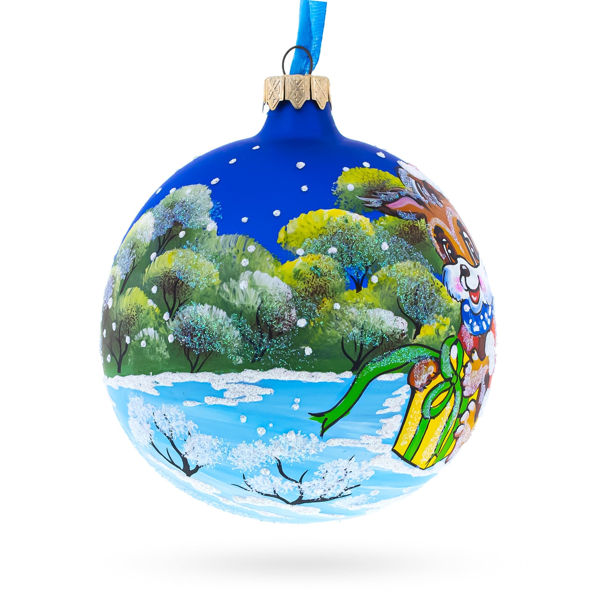 Puppy Unwrapping A Surprise - Blown Glass Ball Christmas Ornament 4 Inches