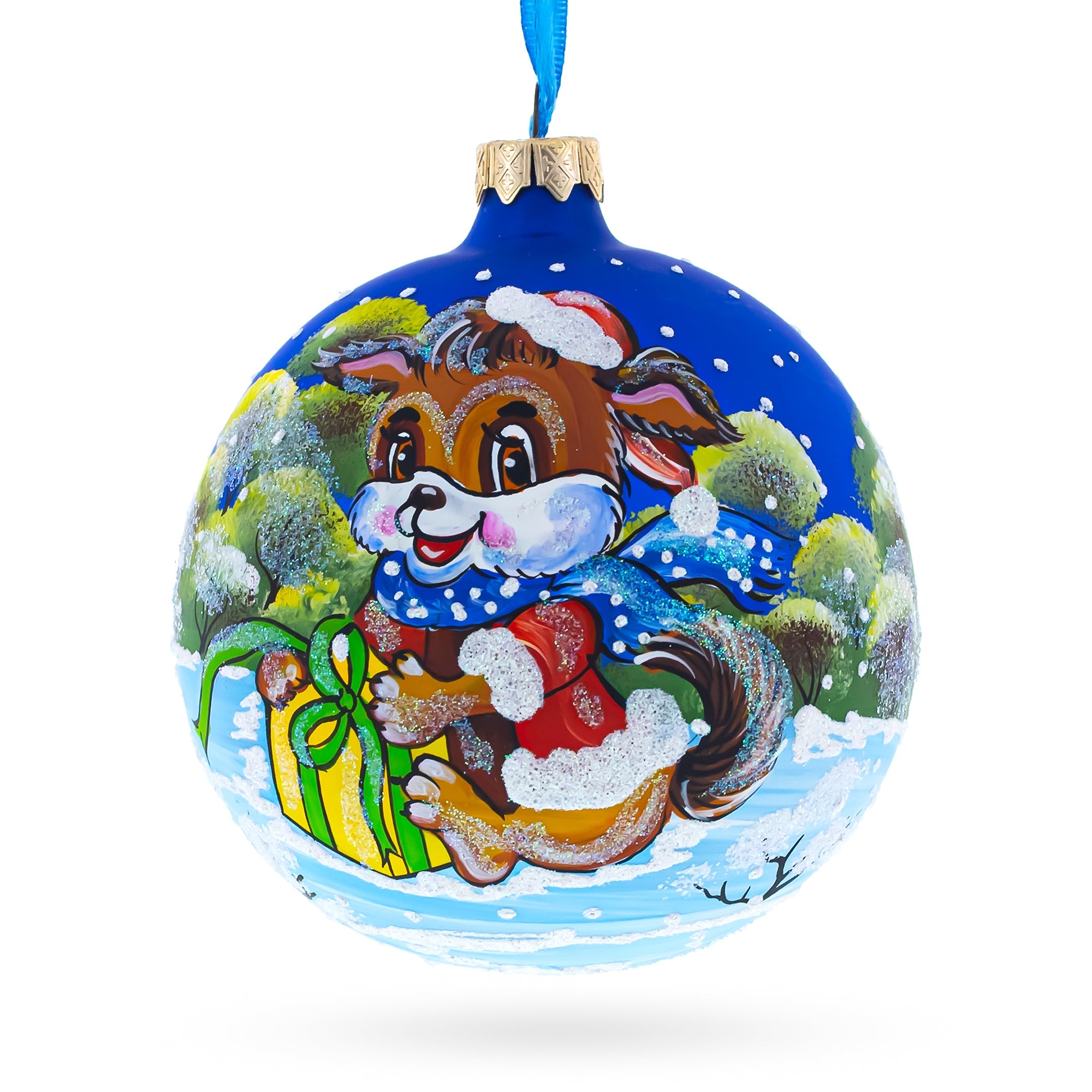 Puppy Unwrapping A Surprise - Blown Glass Ball Christmas Ornament 4 Inches