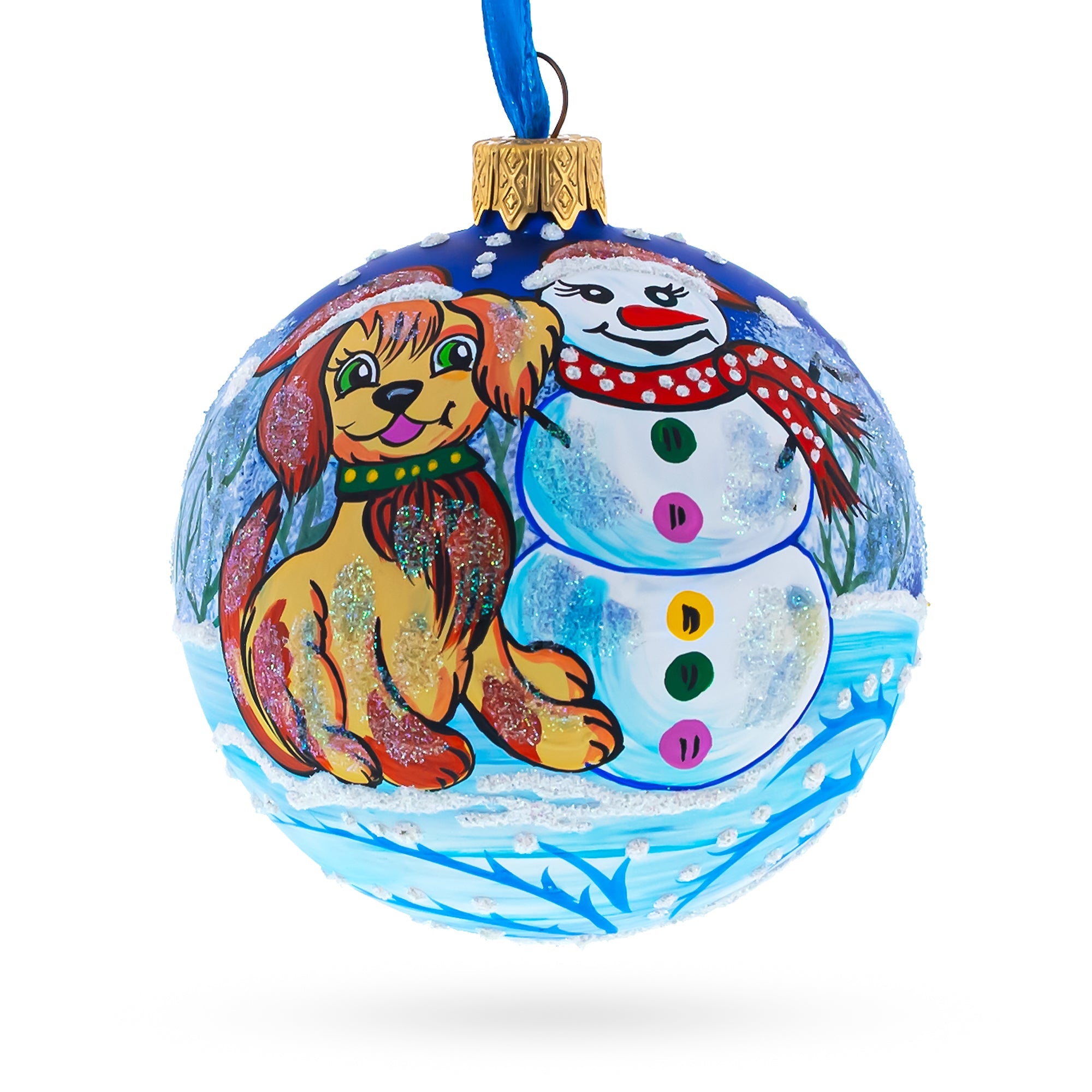 Winter Wonderland Duo: Dog And Snowman - Blown Glass Ball Christmas Ornament 3.25 Inches