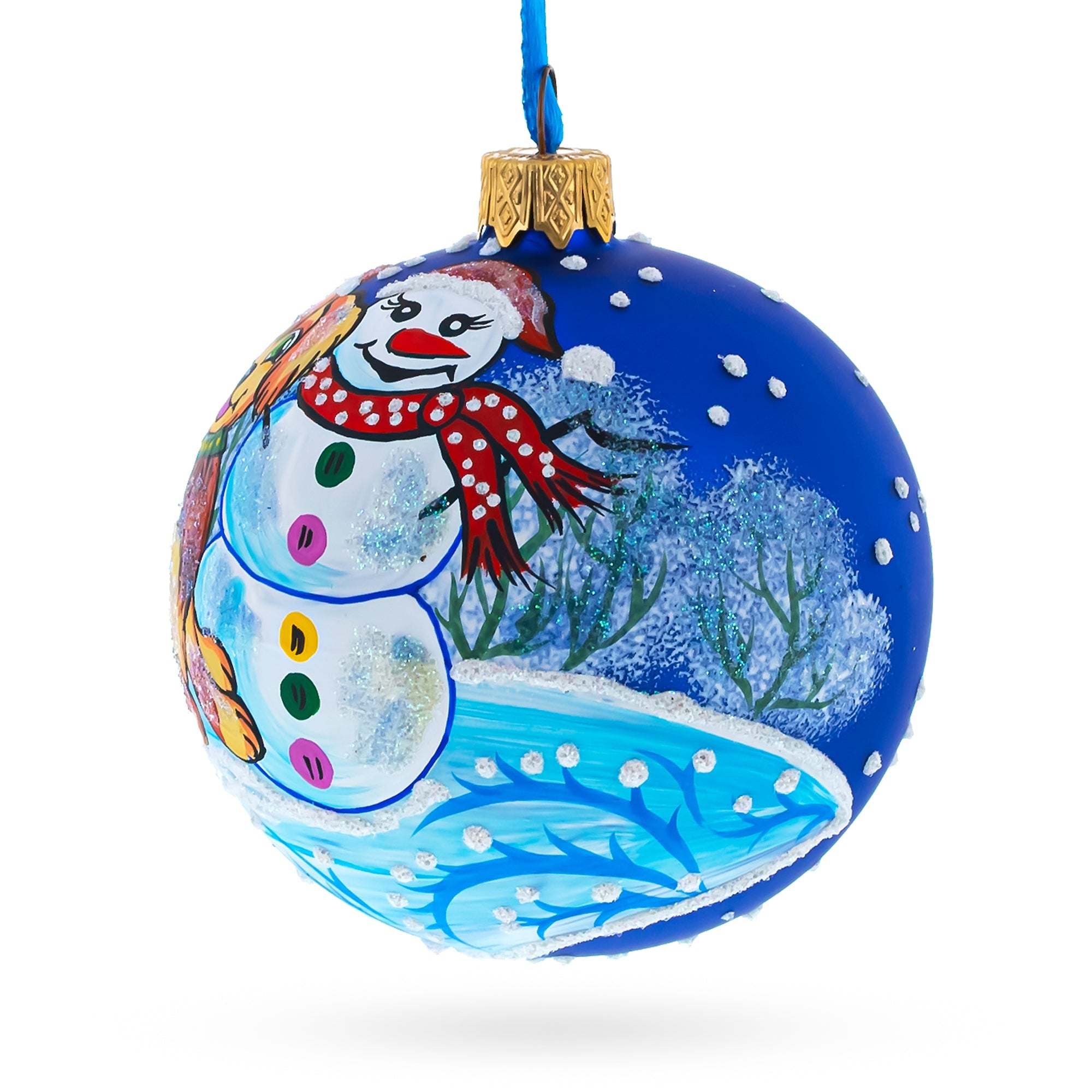 Winter Wonderland Duo: Dog And Snowman - Blown Glass Ball Christmas Ornament 3.25 Inches