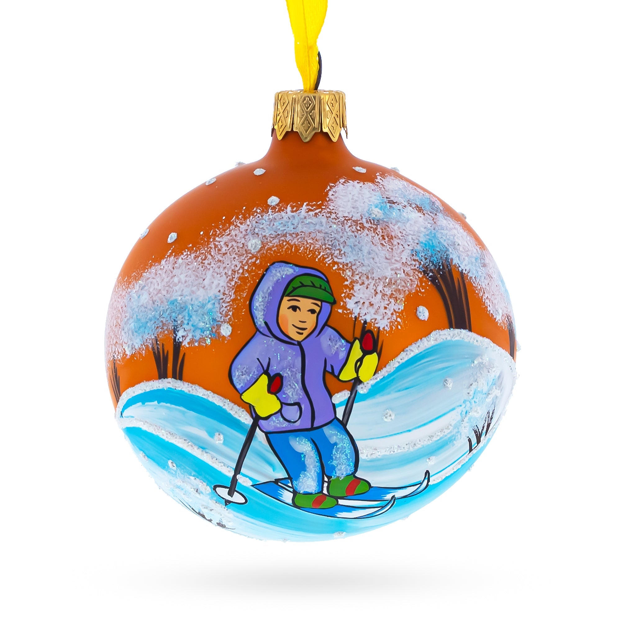 Adventurous Boy Skiing - Blown Glass Ball Christmas Ornament 3.25 Inches