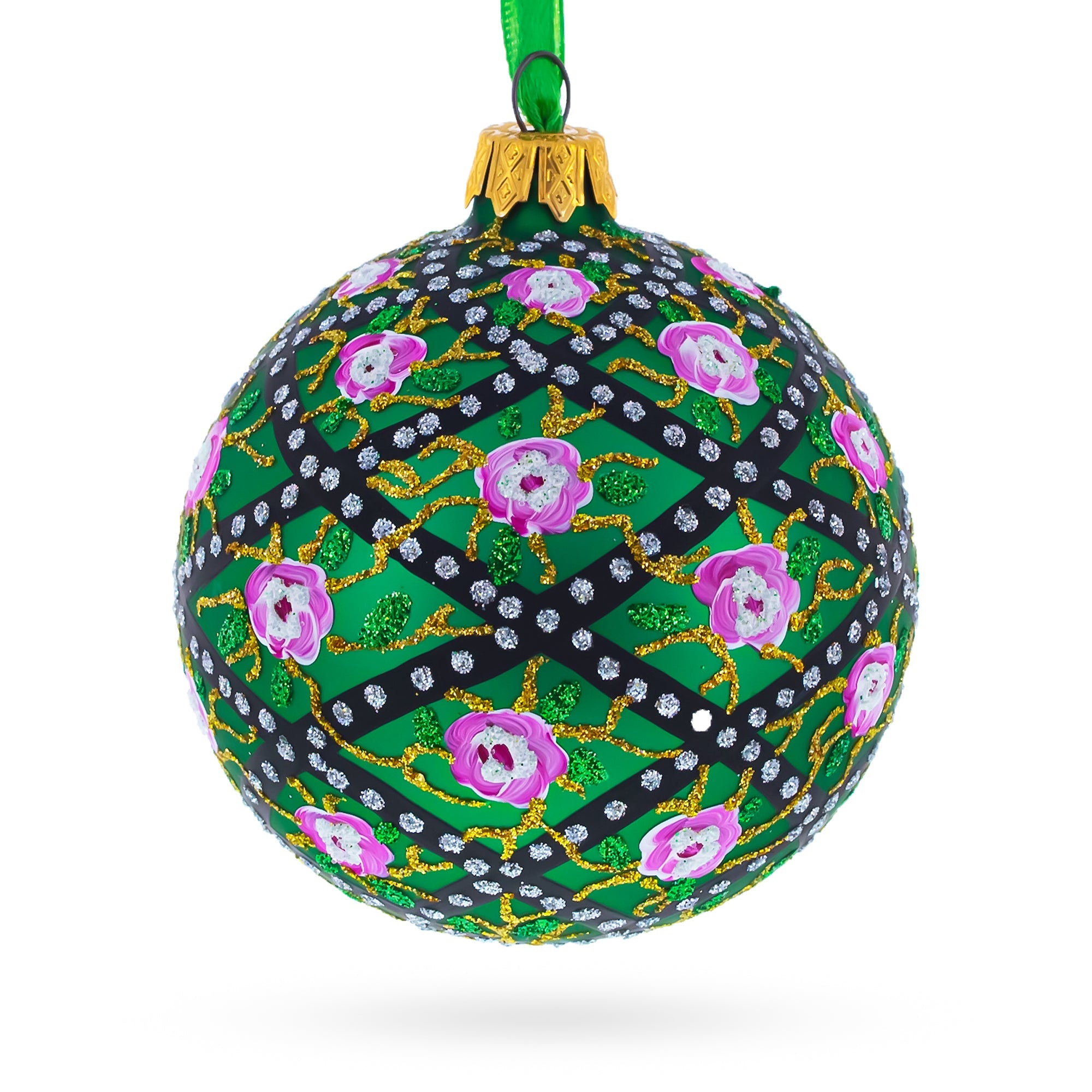 Elegant 1907 Rose Trellis Royal Egg Green - Blown Glass Ball Christmas Ornament 3.25 Inches