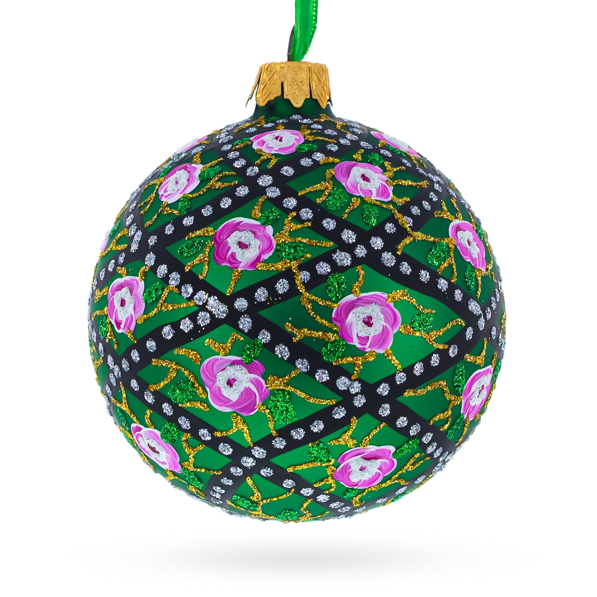 Elegant 1907 Rose Trellis Royal Egg Green - Blown Glass Ball Christmas Ornament 3.25 Inches