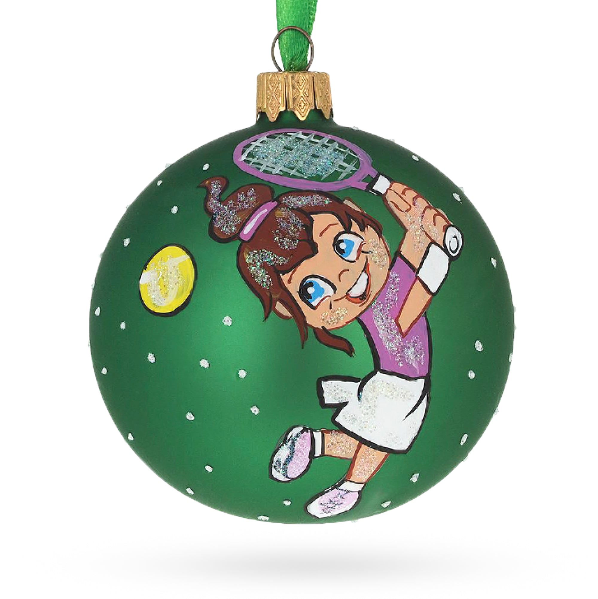 Young Athlete: Girl Playing Tennis - Blown Glass Ball Christmas Ornament 3.25 Inches