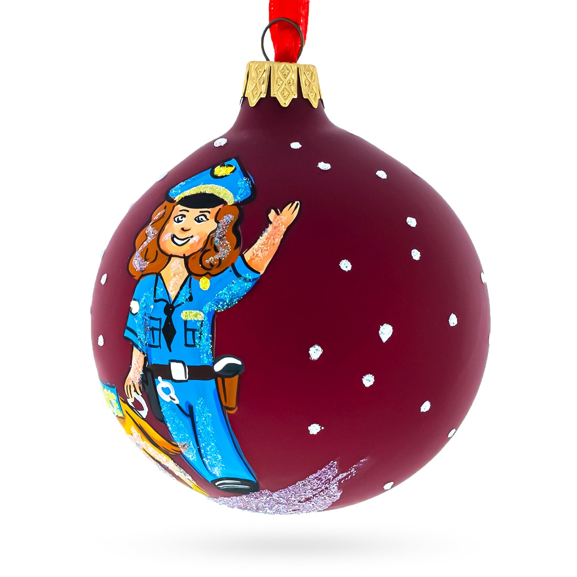 Dedicated K-9 Police Officer With Dog - Blown Glass Ball Christmas Ornament 3.25 Inches