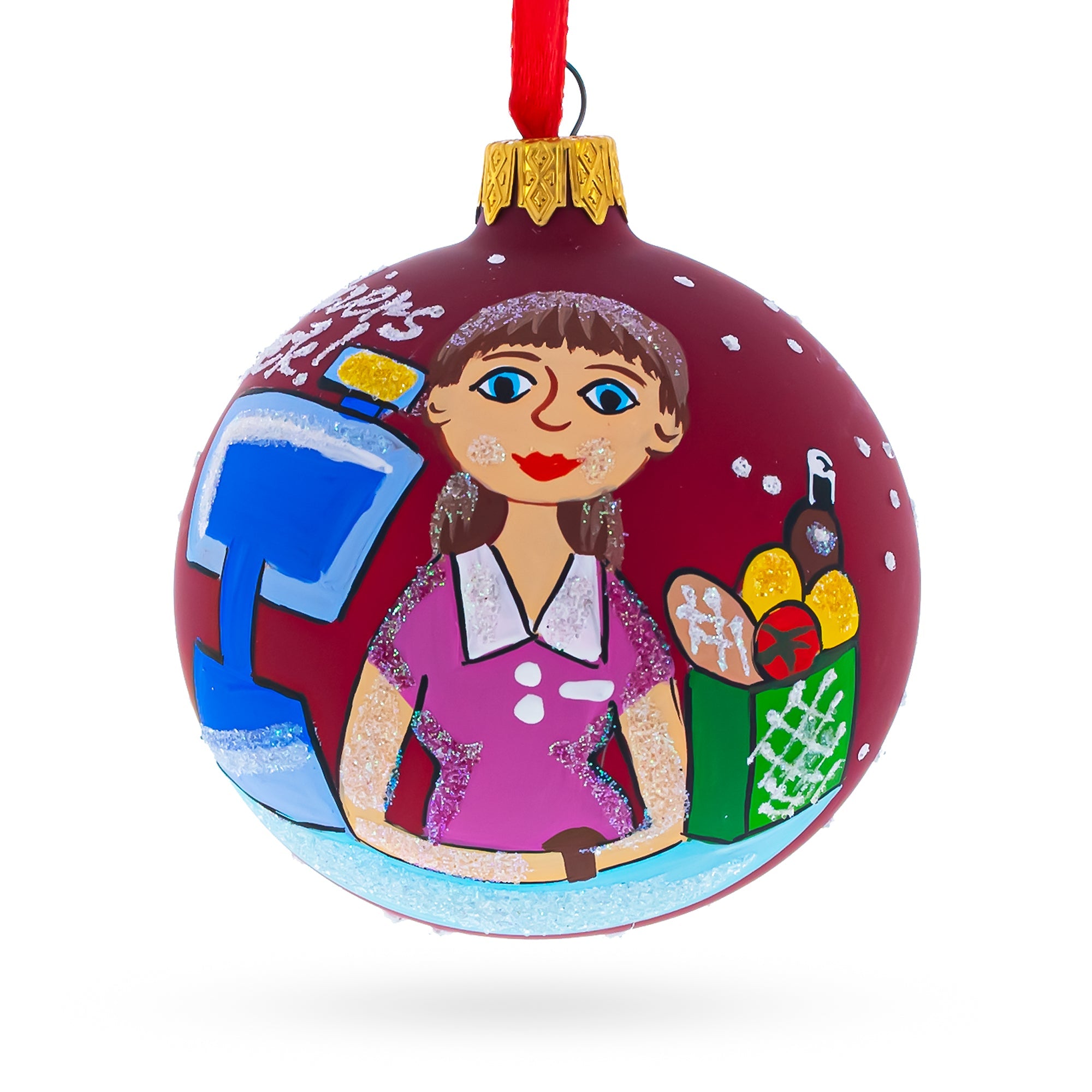 Checkout Star: Cashier Blown Glass Ball Christmas Ornament 3.25 Inches