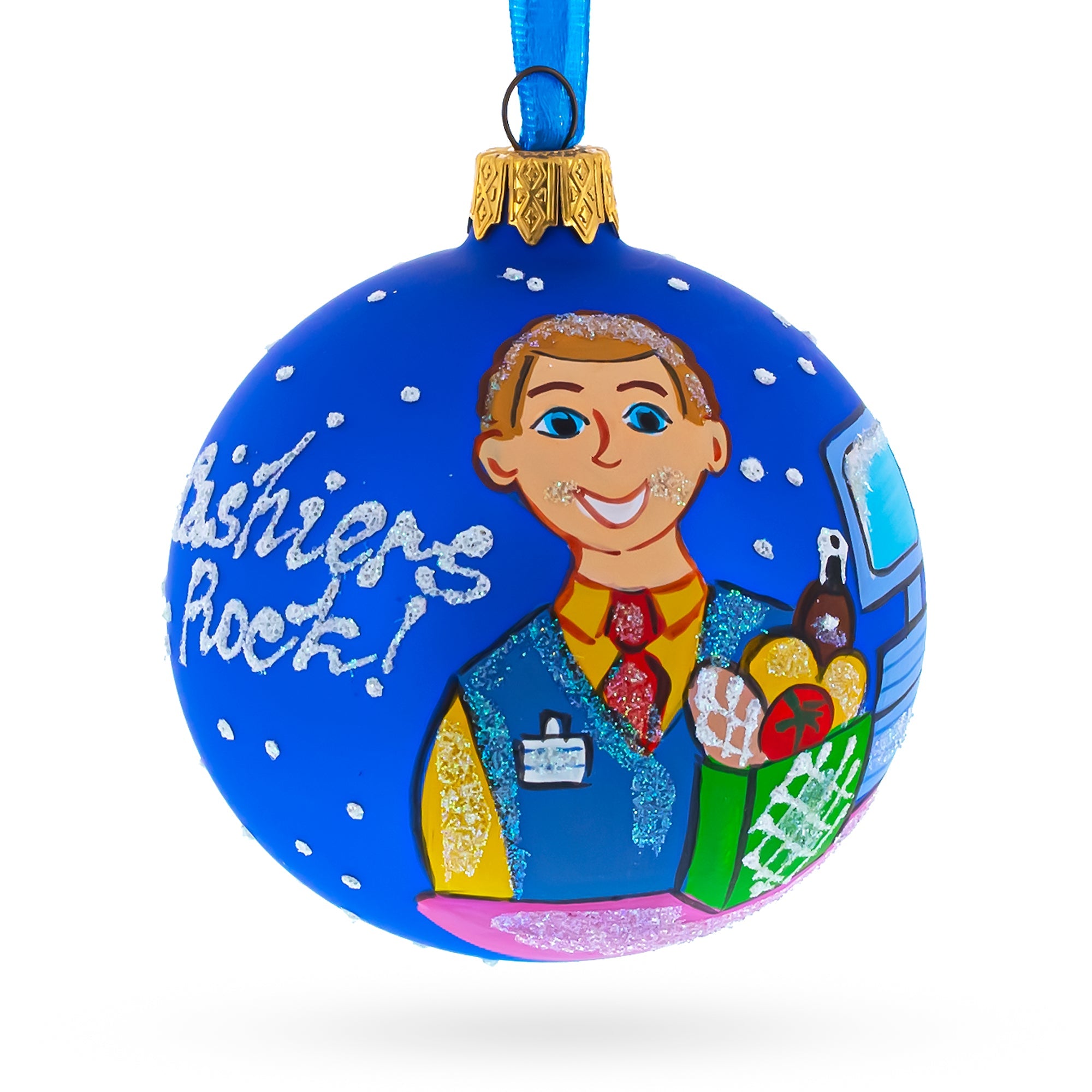 Checkout Cheer: Cashier Blown Glass Ball Christmas Ornament 3.25 Inches