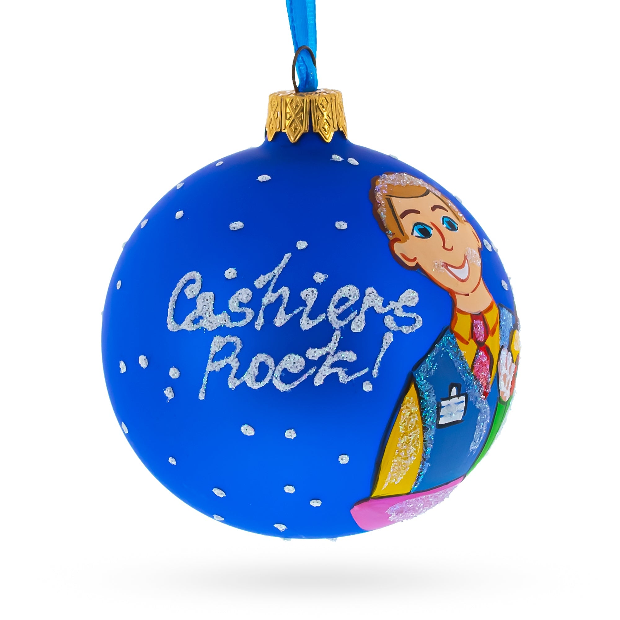 Checkout Cheer: Cashier Blown Glass Ball Christmas Ornament 3.25 Inches