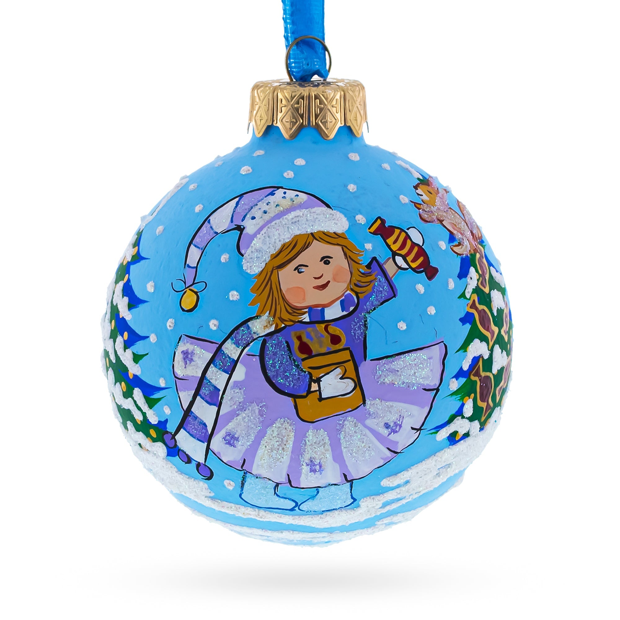 Sweet Moments: Girl With Candy And Squirrel Blown Glass Ball Christmas Ornament 3.25 Inches