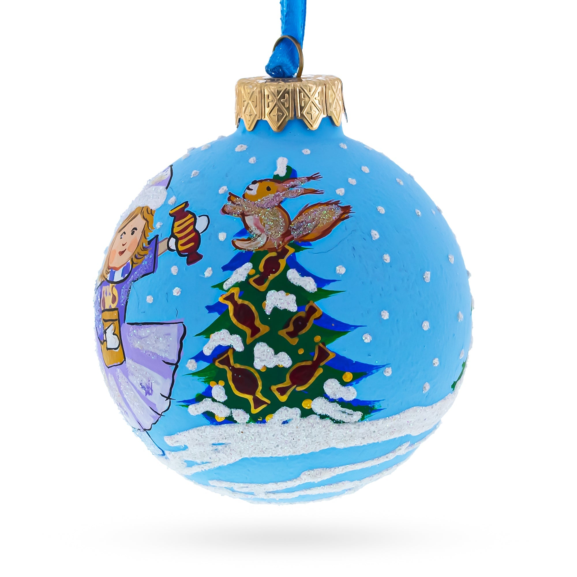 Sweet Moments: Girl With Candy And Squirrel Blown Glass Ball Christmas Ornament 3.25 Inches