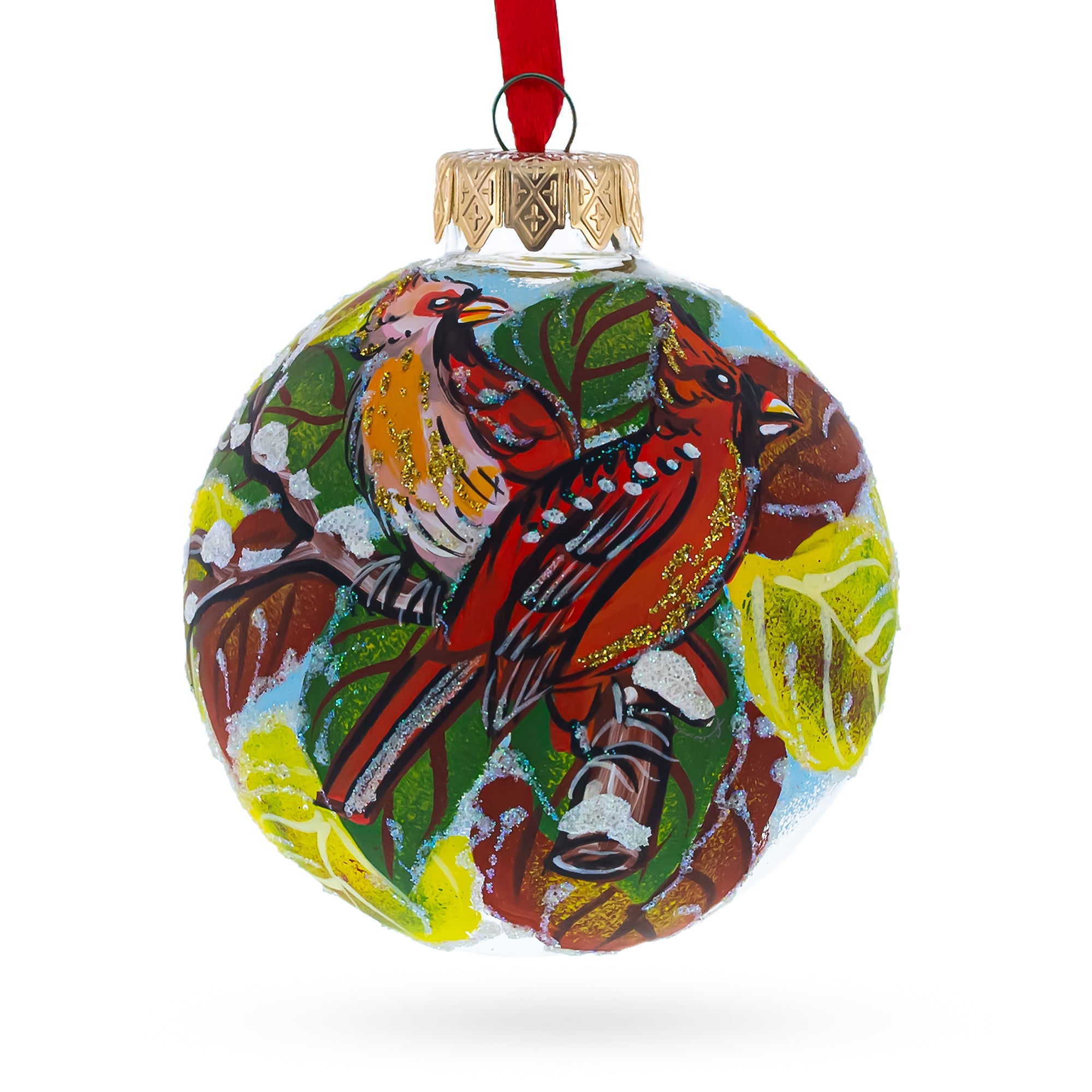 Crimson Companions: Two Cardinal Birds Blown Glass Ball Christmas Ornament 3.25 Inches