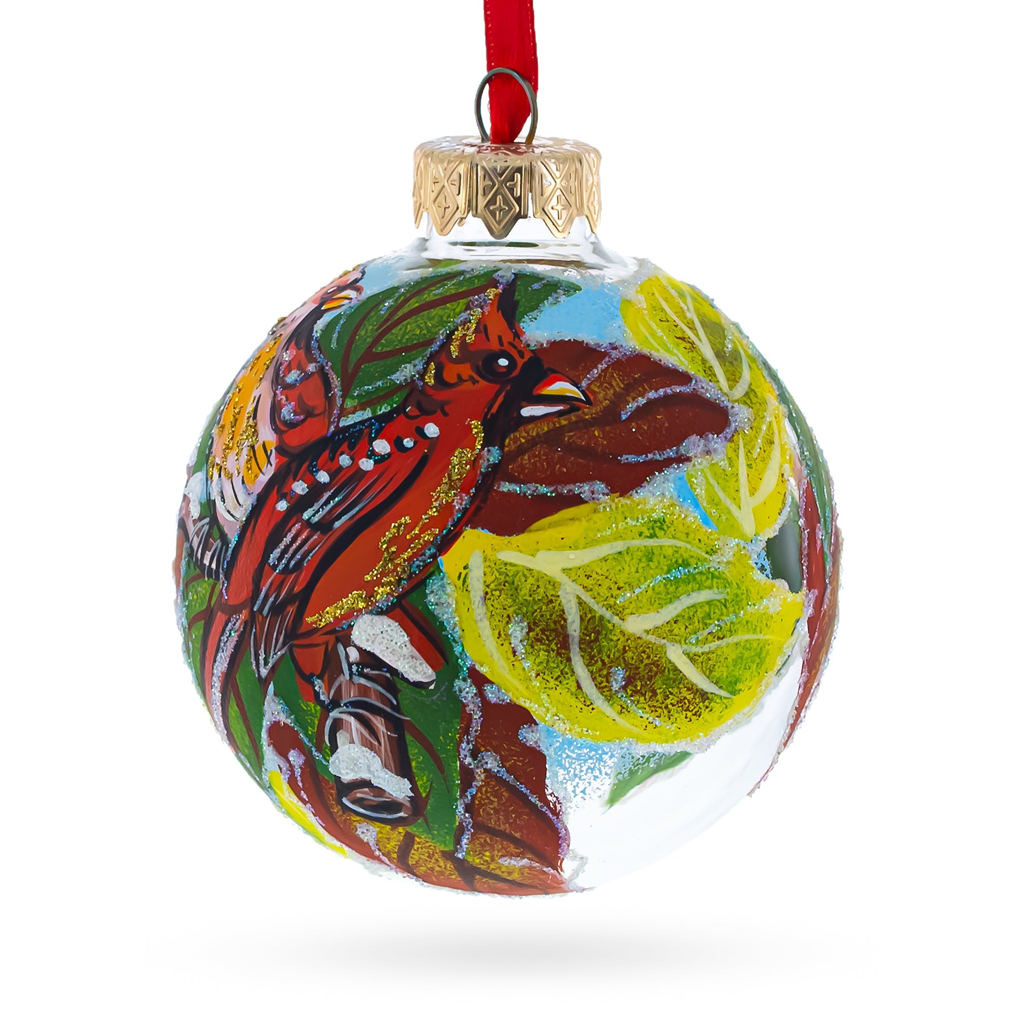 Crimson Companions: Two Cardinal Birds Blown Glass Ball Christmas Ornament 3.25 Inches