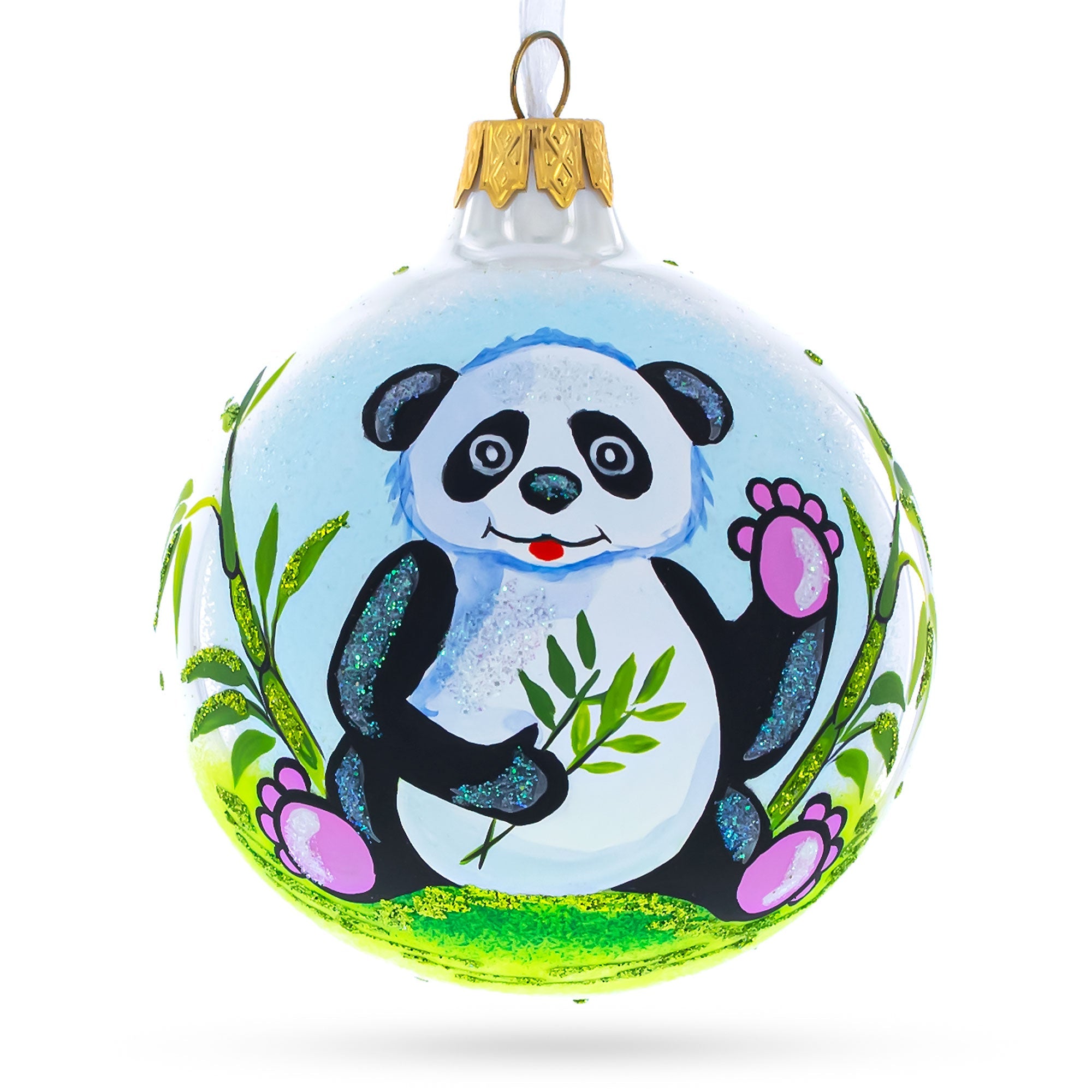 Adorable Panda With Bamboo Blown Glass Christmas Ornament 4 Inches