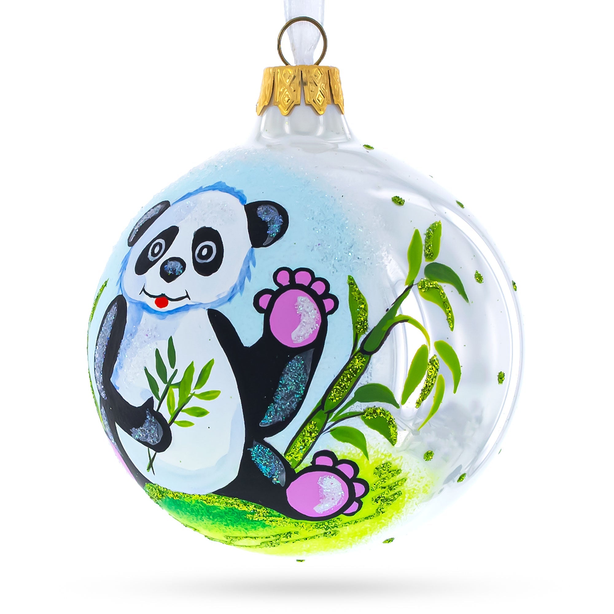 Adorable Panda With Bamboo Blown Glass Christmas Ornament 4 Inches