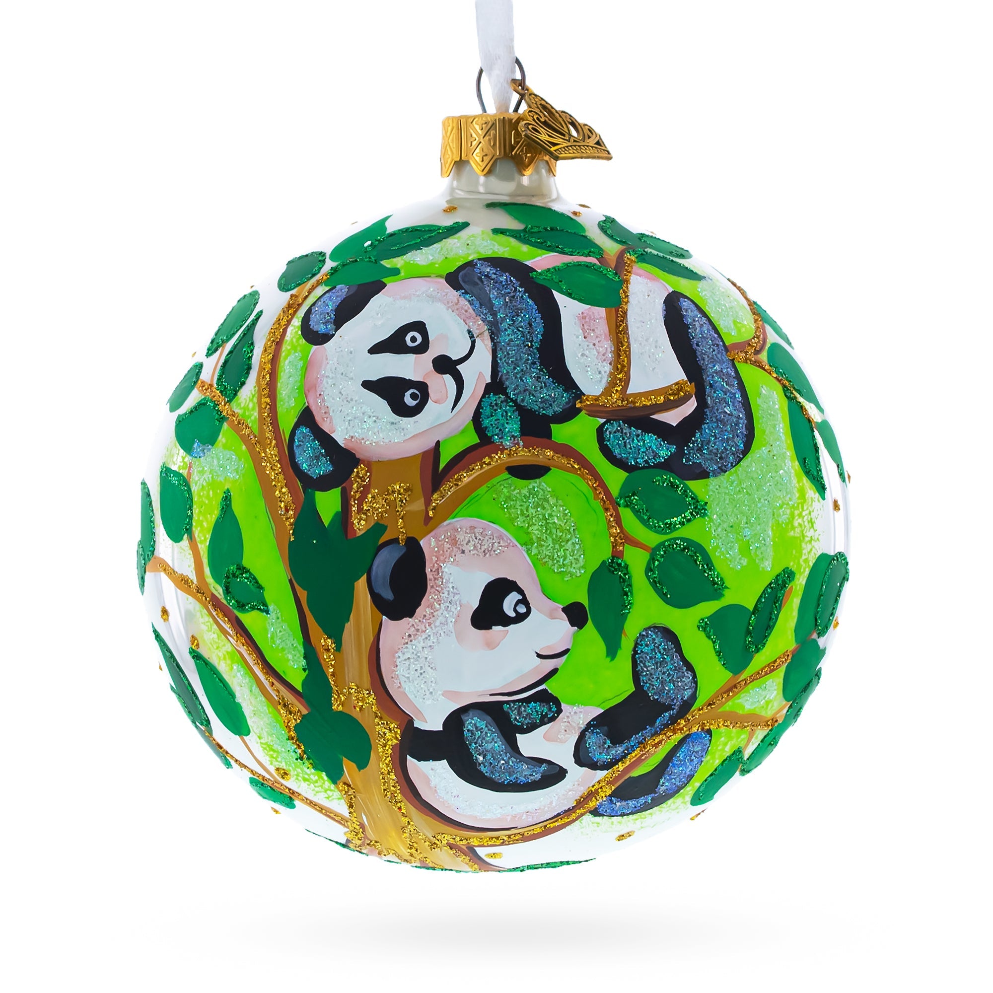 Adorable Panda Bears On Tree Branch Blown Glass Ball Christmas Ornament 4 Inches