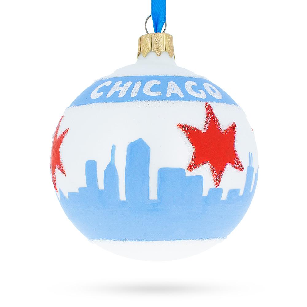 Chicago Flag Glass Ball Christmas Ornament 3.25 Inches