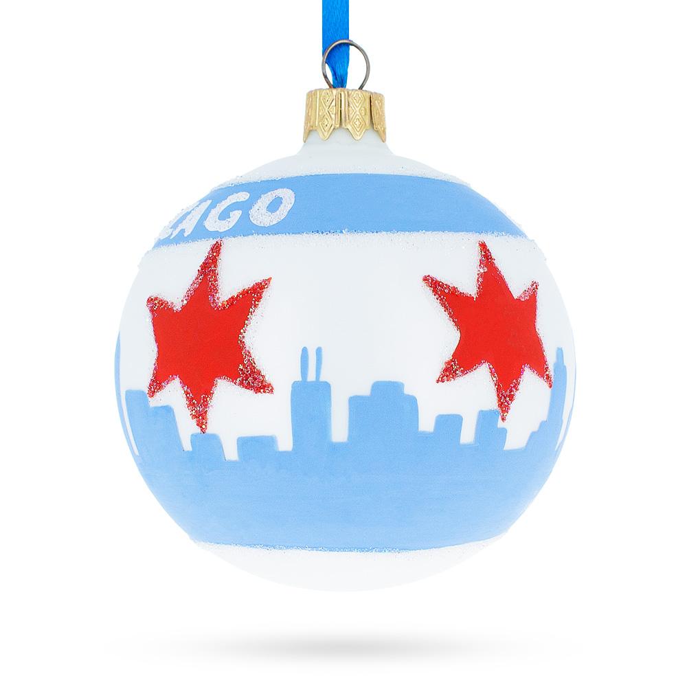 Chicago Flag Glass Ball Christmas Ornament 3.25 Inches