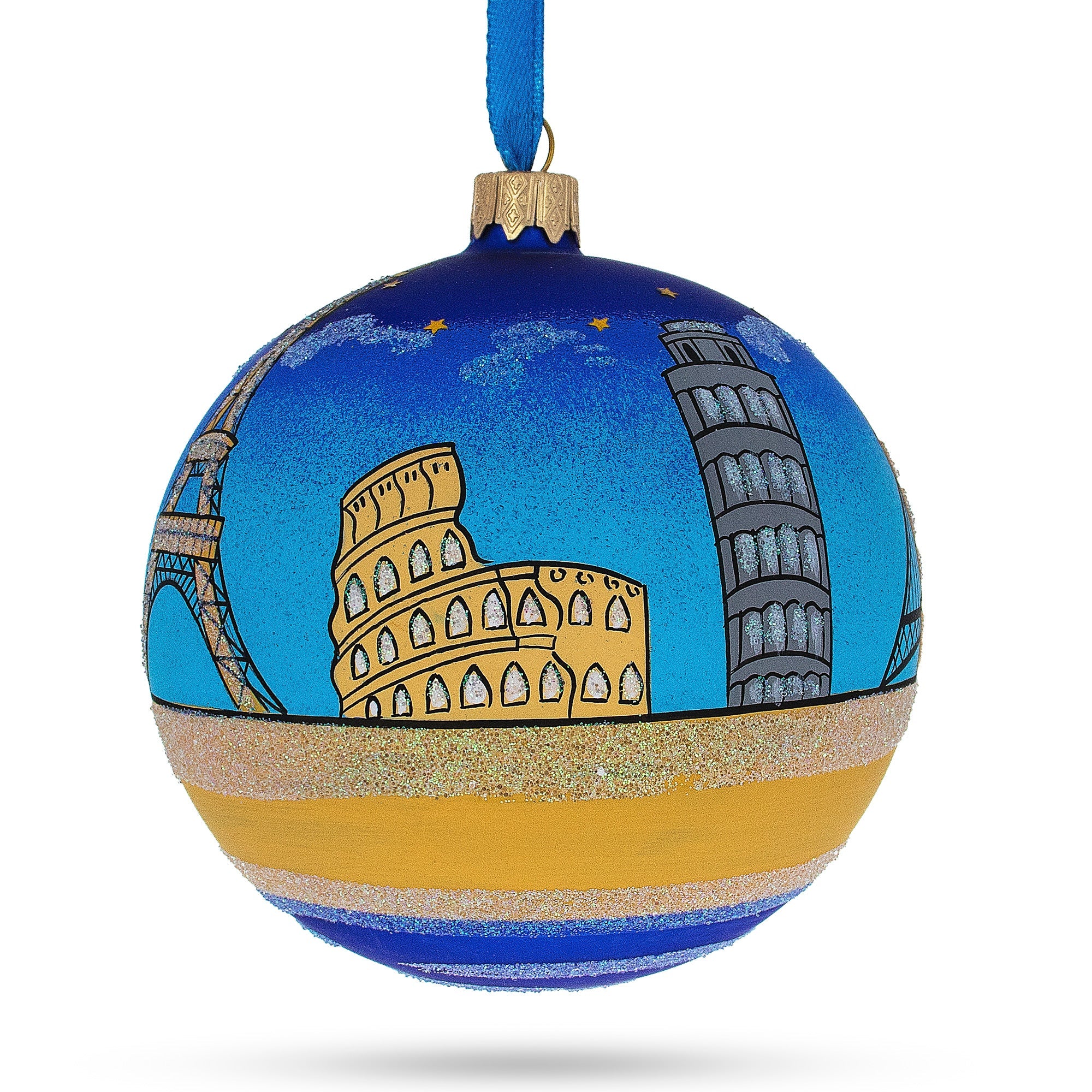 European Travel Attractions Glass Ball Christmas Ornament 4 Inches